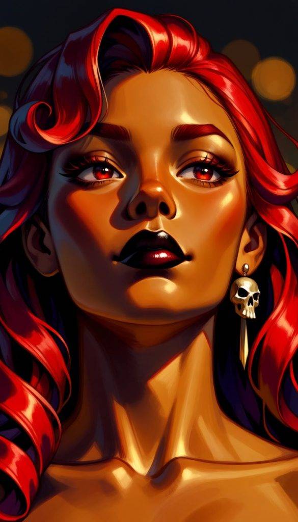 Red-haired woman with skull earring — AI-generated character portrait by Coda Languez