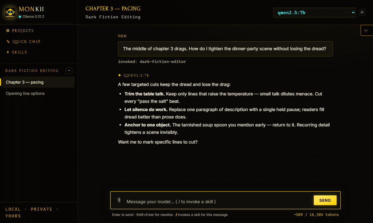 MONKII chat interface streaming a response from a local Ollama model