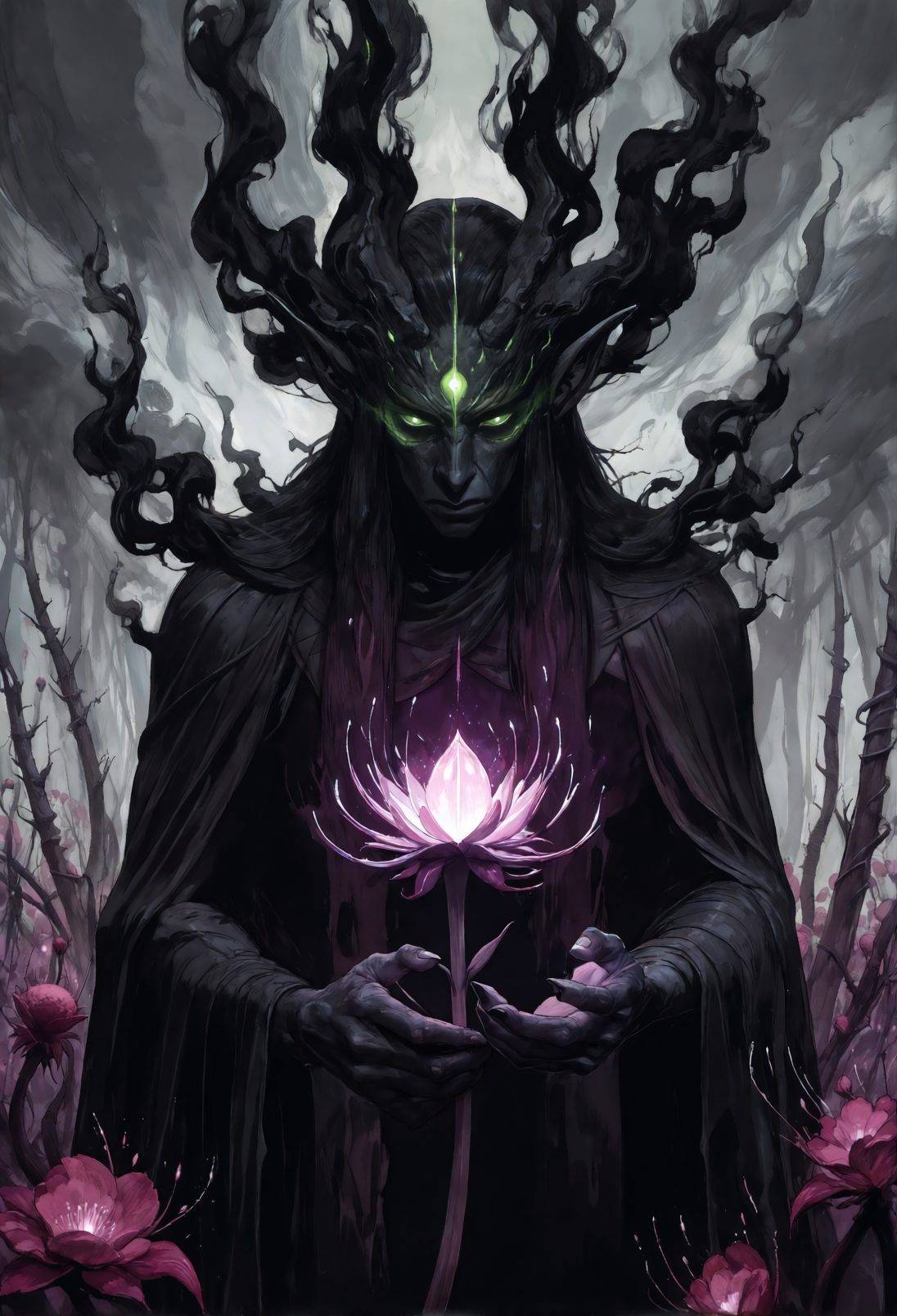 A shadow-woven fae lord with glowing green eyes cradling a glowing pink moon-flower in a thorn forest