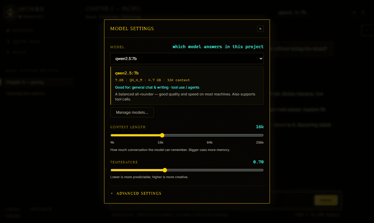 MONKII model settings panel with Ollama model switching and health indicator
