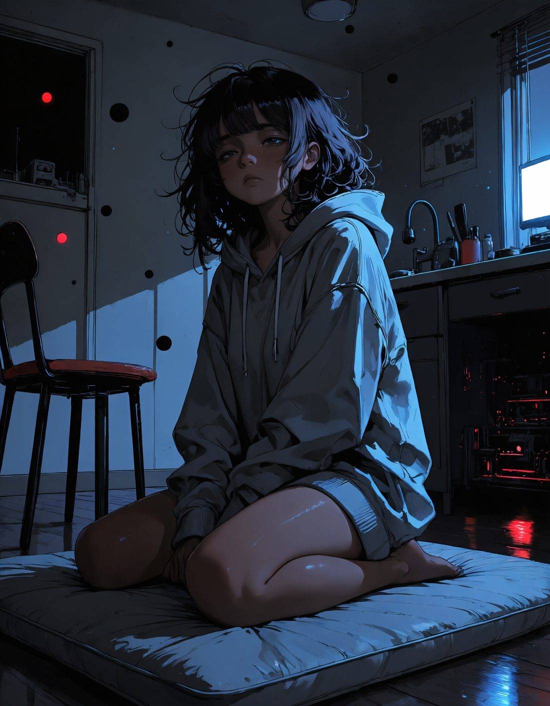 A young woman in an oversized hoodie alone on a mattress in a dark, near-empty room