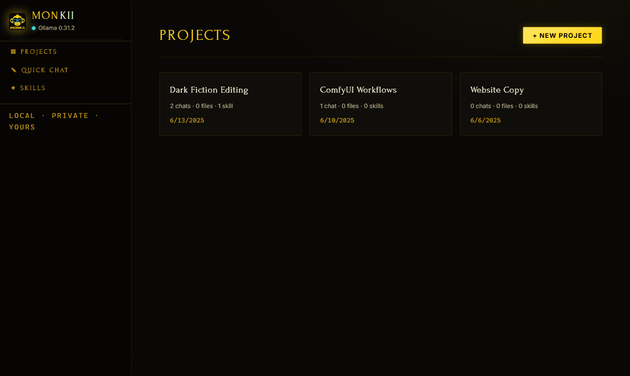 MONKII projects view bundling instructions, knowledge files, skills, and conversations