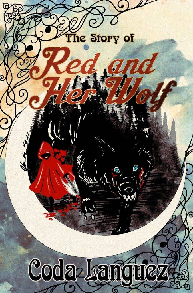 Cover of The Story of Red and Her Wolf by Coda Languez, showing a black wolf and a red-hooded figure inside a crescent moon on a watercolour background