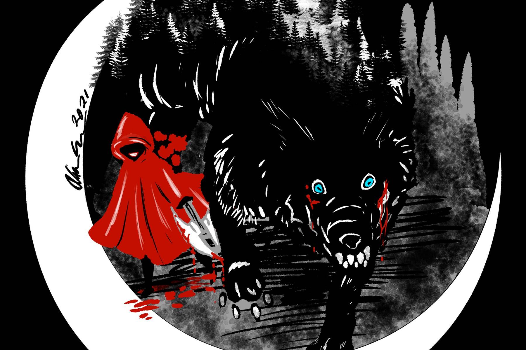 A black wolf with glowing blue eyes stalking forward past a red-hooded figure holding a bloodied axe, framed by a white crescent moon and a pine forest