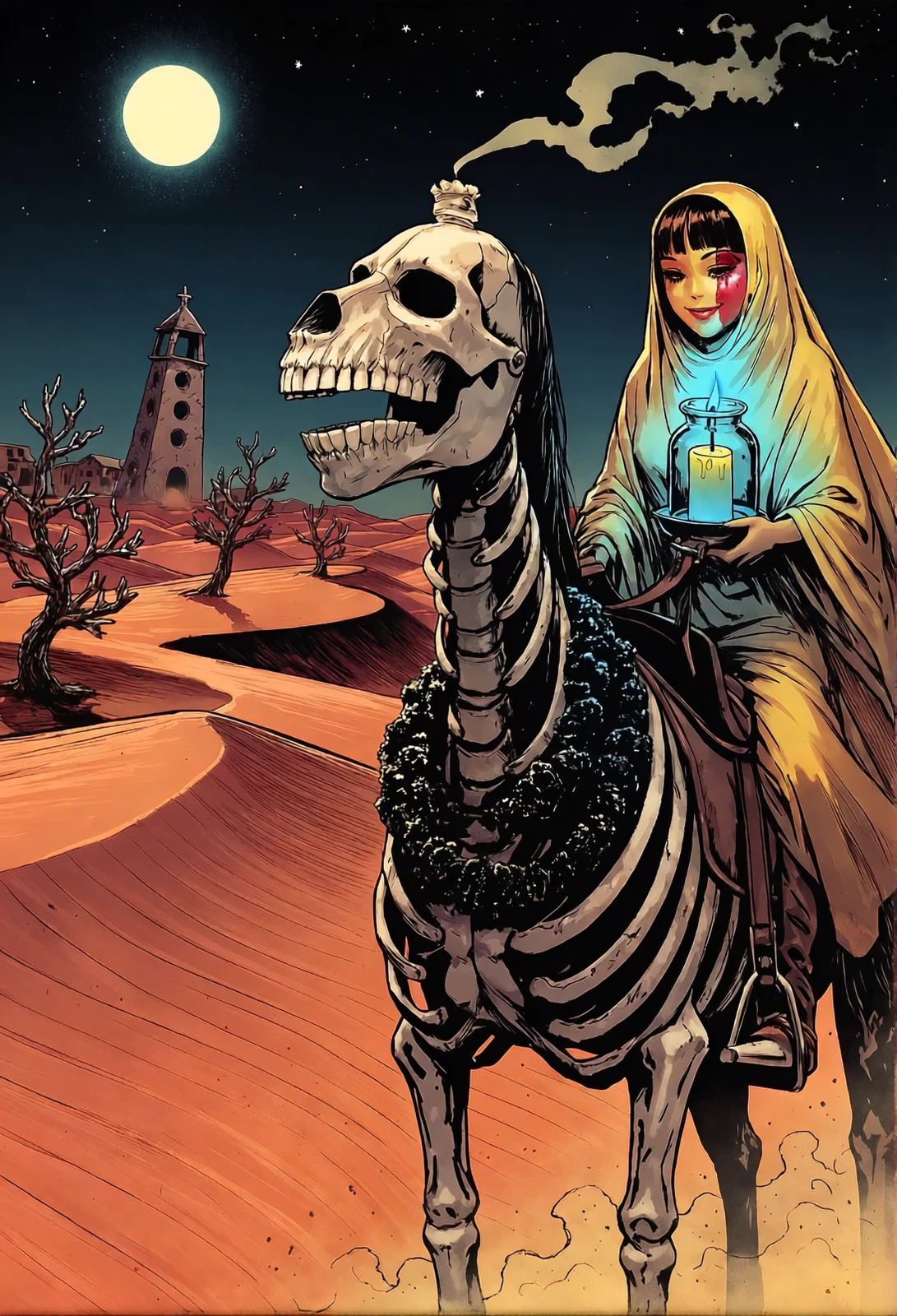 A veiled woman carrying a candle in a glass lantern rides a skeletal horse across red desert dunes under a full moon, past a ruined bell tower — dark digital art by Coda Languez, Saturday Scares Wild West series