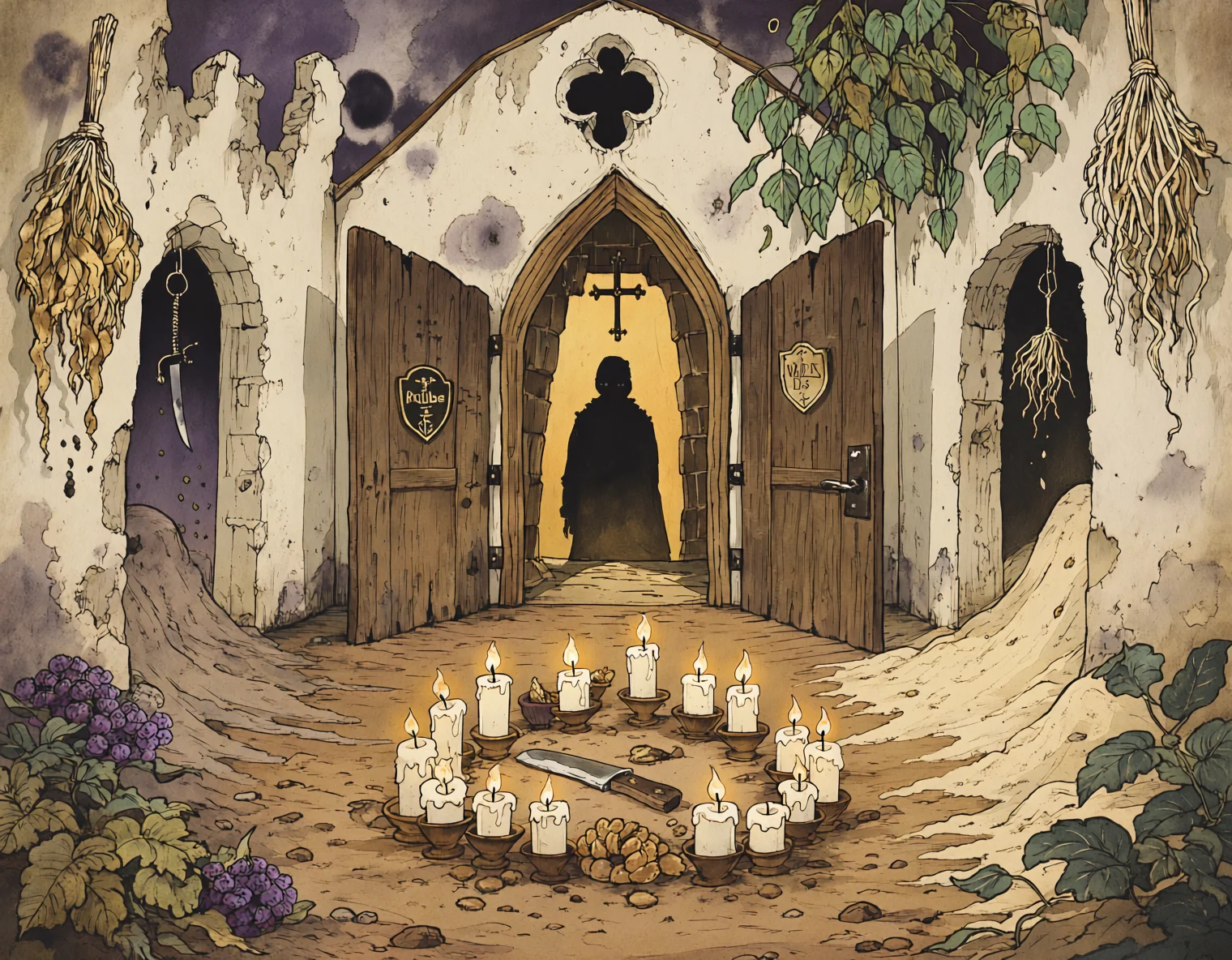 A ring of lit candles around a machete on the dirt floor of a ruined mission, with a hooded figure silhouetted in the doorway and roots drying from the rafters — dark digital art by Coda Languez, Saturday Scares Wild West series