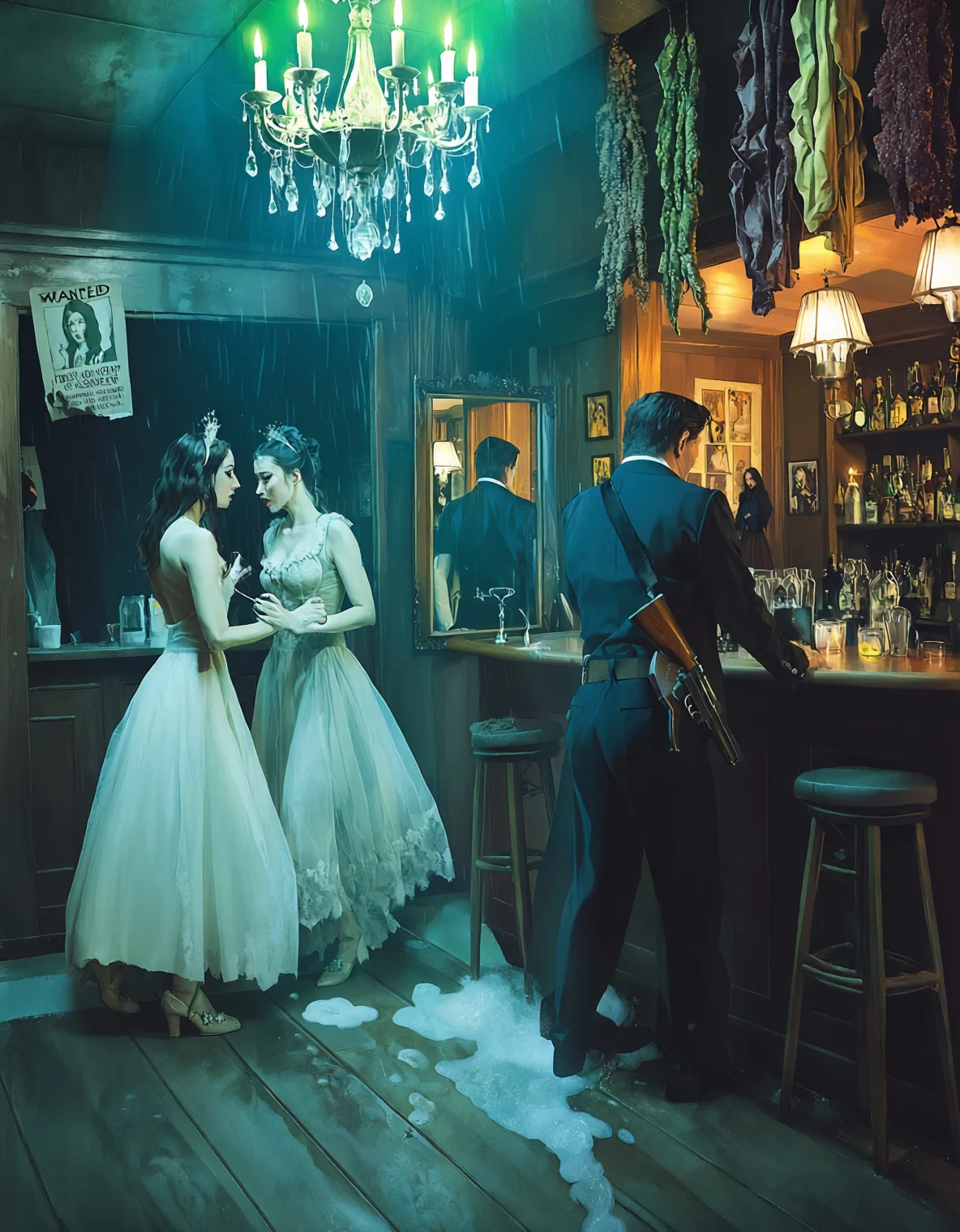 Two women in pale gowns confront each other in a rain-soaked saloon while an armed man waits at the bar beneath a wanted poster — dark digital art by Coda Languez, Saturday Scares Wild West series