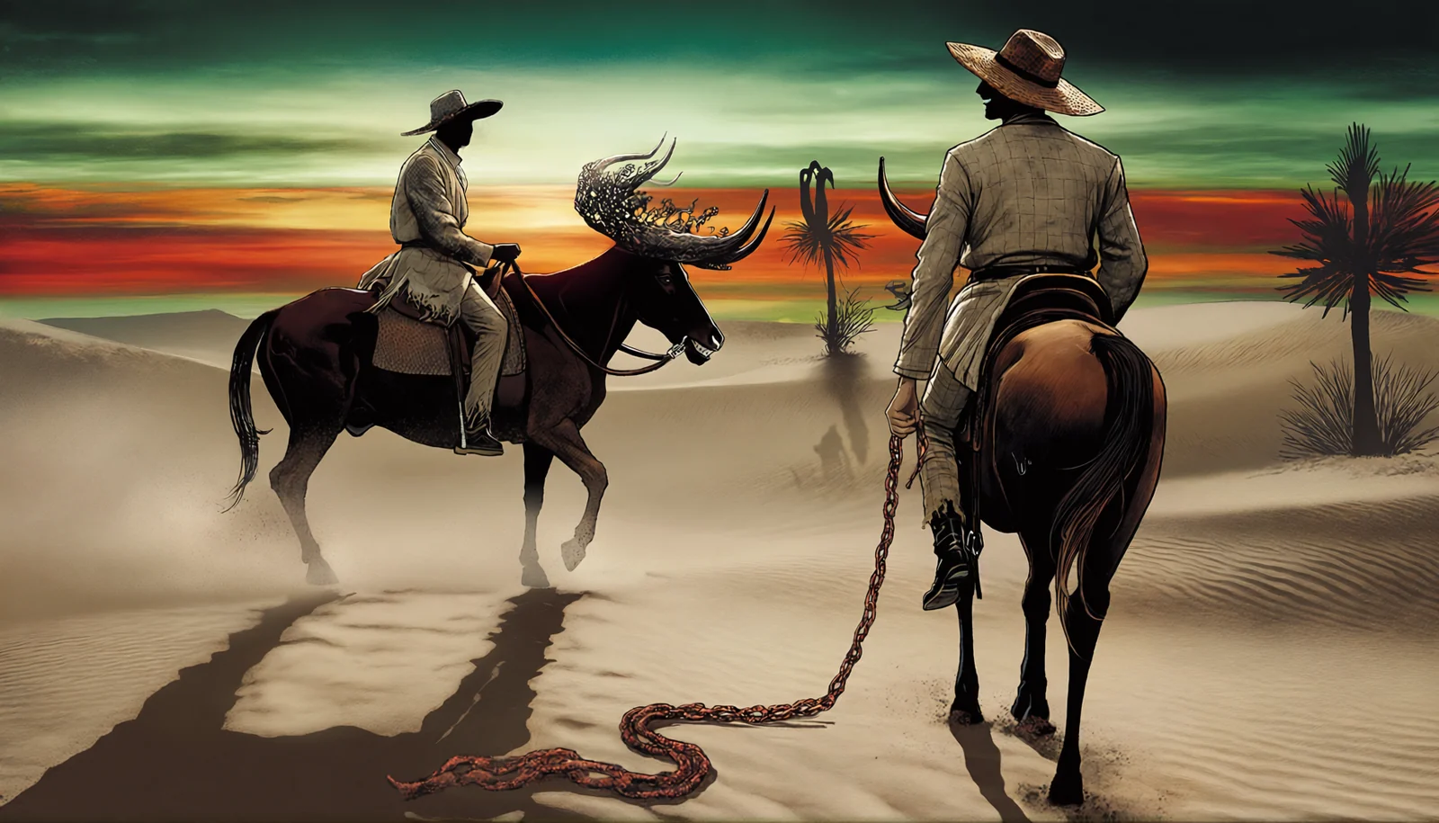 Two vaqueros riding at sunset, one mounted on a horned patterned beast, the other dragging a chain that becomes a serpent in the sand — dark digital art by Coda Languez, Saturday Scares Wild West series