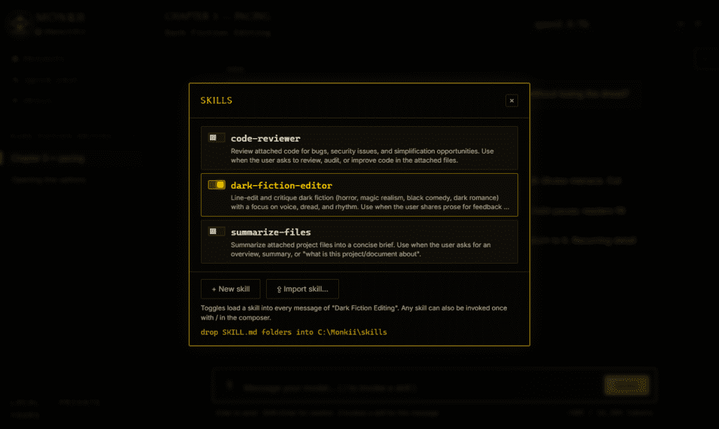 MONKII skills manager with Claude-style SKILL.md instruction sets