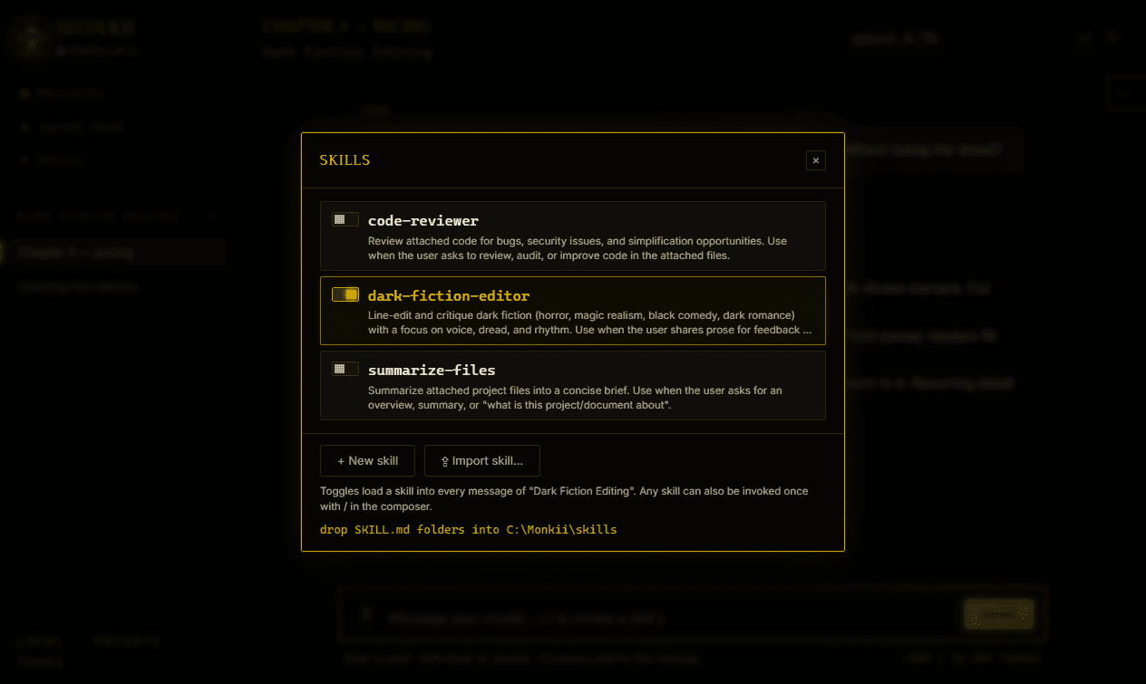 MONKII skills manager with Claude-style SKILL.md instruction sets