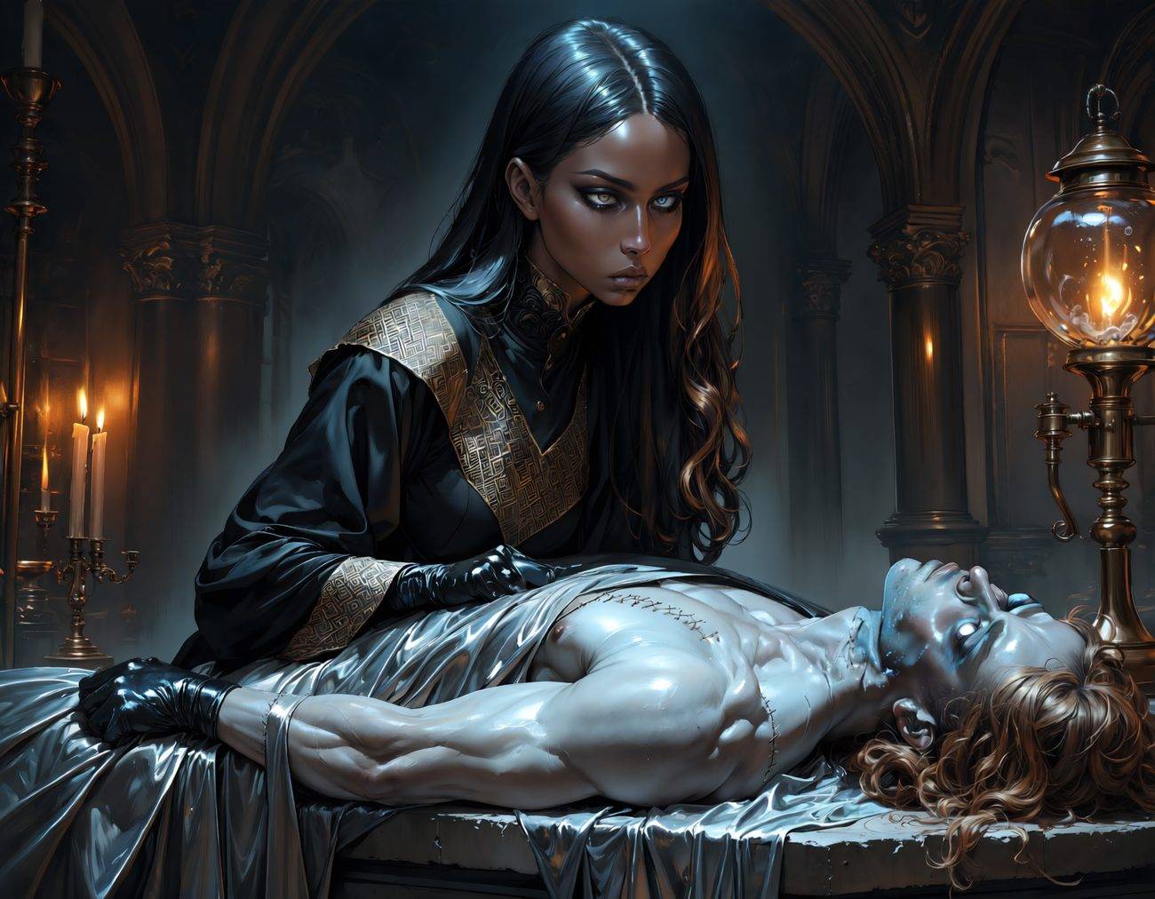 A dark-skinned woman in black and gold bent over a pale, stitched reanimated body on a stone slab
