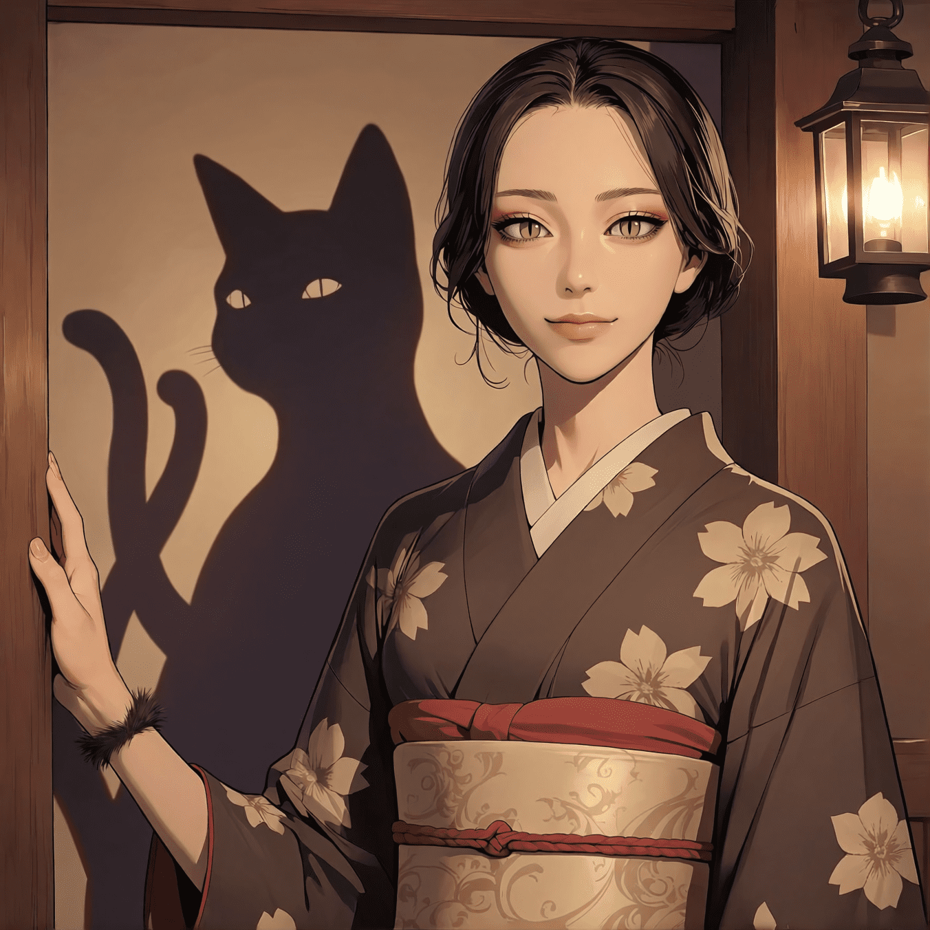 A smiling woman in a brown floral kimono with a gold obi resting her hand on a shoji screen, her lantern-cast shadow showing a two-tailed cat. Dark cat horror art by Coda Languez.