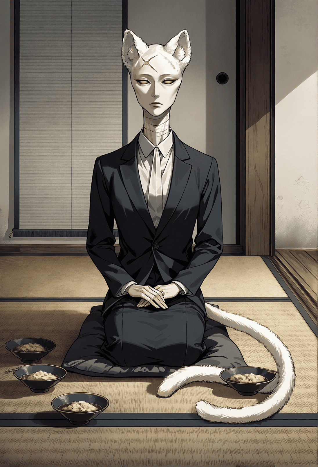 A white cat-eared figure with gold eyes and an X scar, wearing a black suit and kneeling seiza on a cushion on tatami, long white tail curled out beside four untouched bowls of food. Dark cat horror art by Coda Languez.