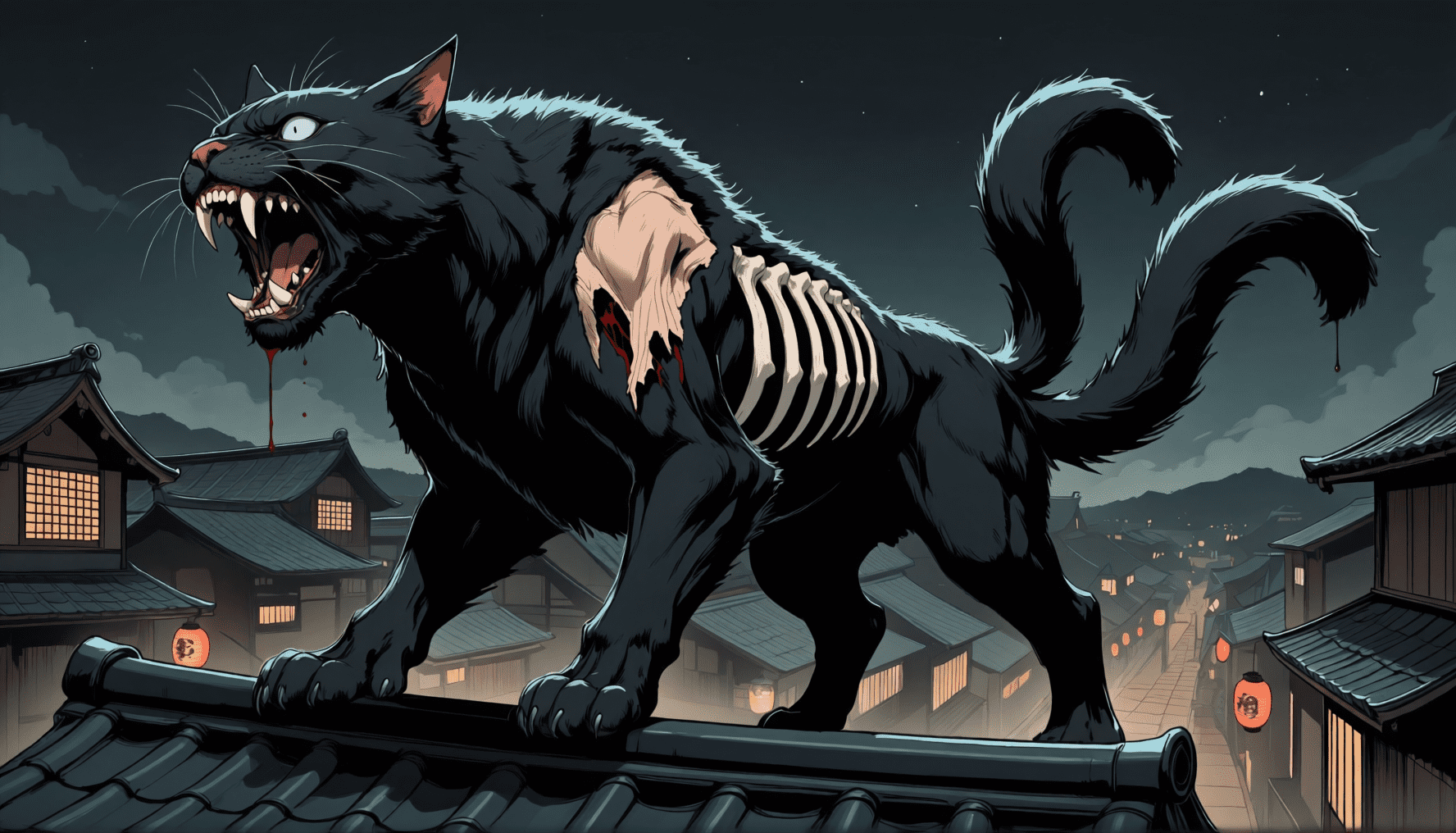 A snarling two-tailed black cat monster with one blind white eye standing on a tiled village rooftop at night, its flank torn open to the ribs. Dark cat horror art by Coda Languez.