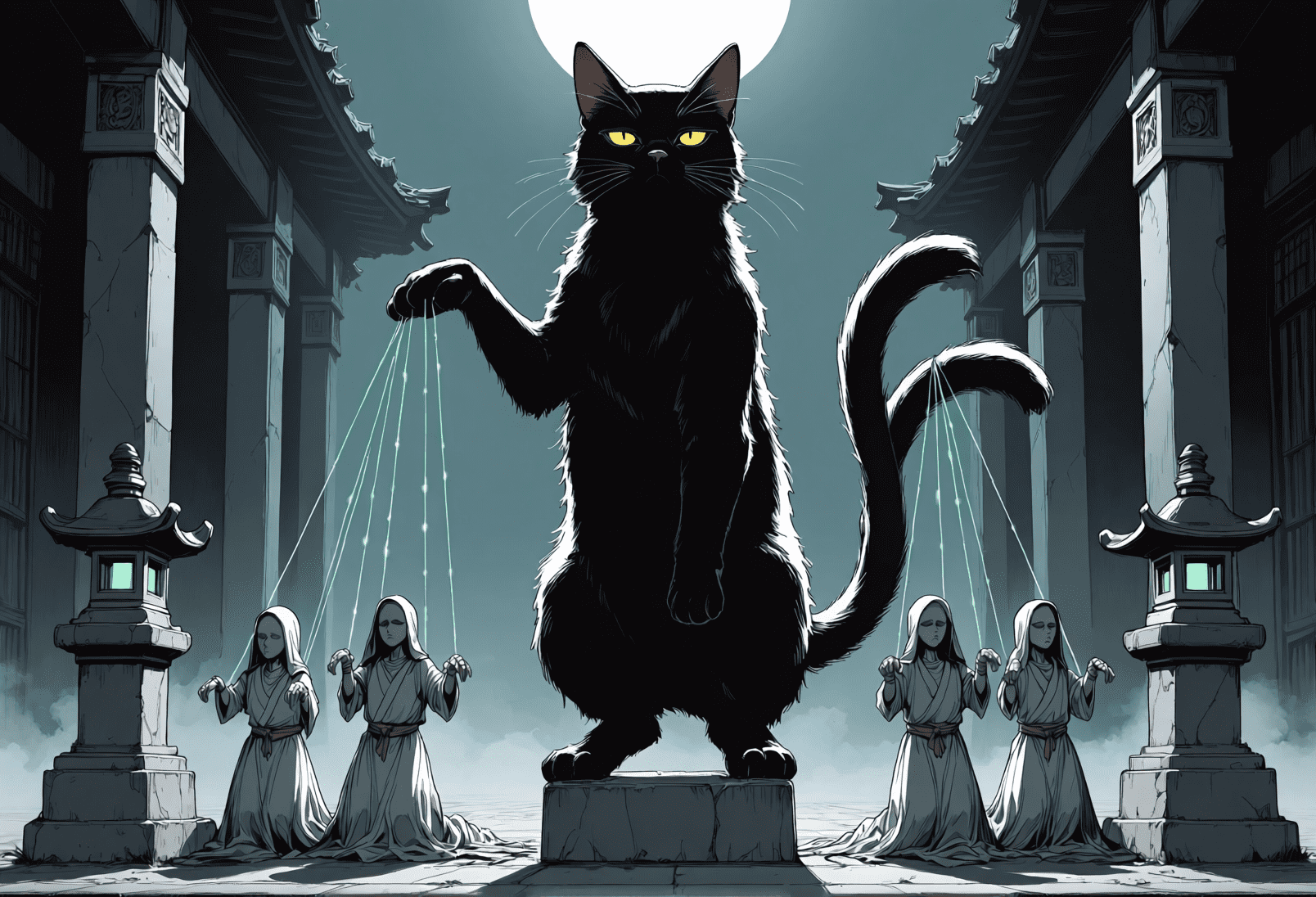 A giant black two-tailed cat standing upright on a stone plinth at a moonlit shrine, working four hooded robed figures on glowing green strings run from its paw and tails. Dark cat horror art by Coda Languez.
