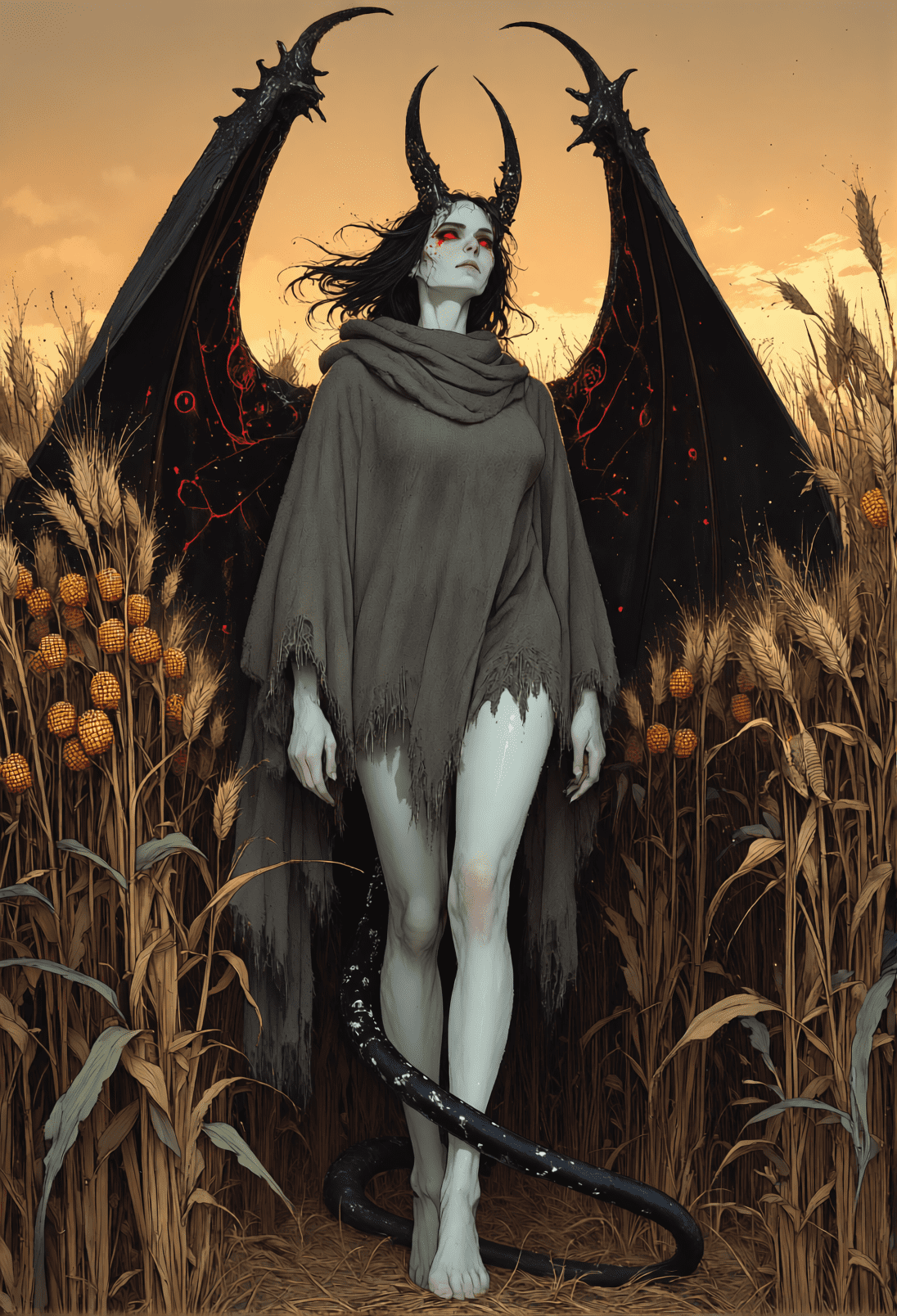 A winged horned woman standing barefoot in a corn field at amber sunset, wrapped in a coarse grey shawl. Dark folk horror art by Coda Languez.
