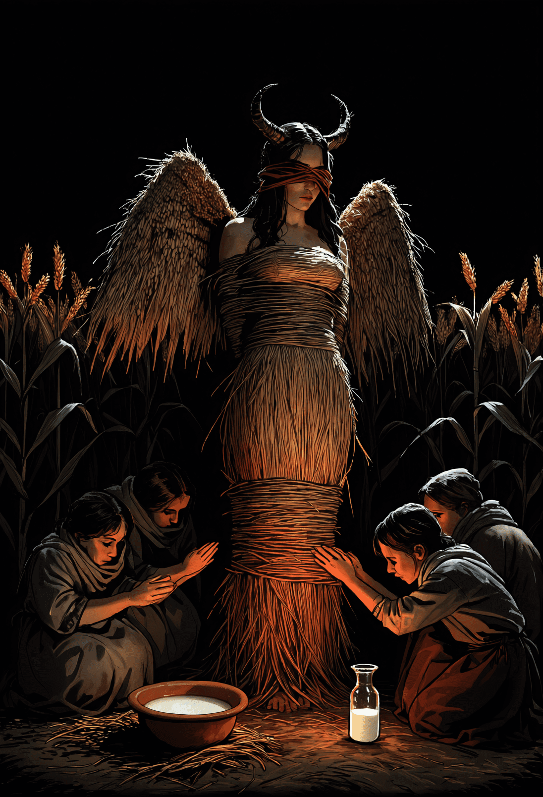 A horned winged figure bound in straw and wheat, blindfolded with red cloth, villagers kneeling around her in a night cornfield. Dark folk horror art by Coda Languez.