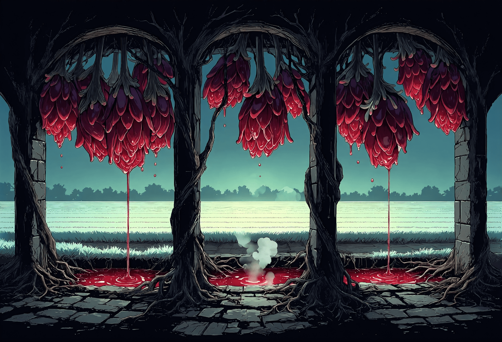 Deep red blossoms hanging upside down beneath stone arches, dripping into red pools over cracked flagstones. Dark folk horror art by Coda Languez.