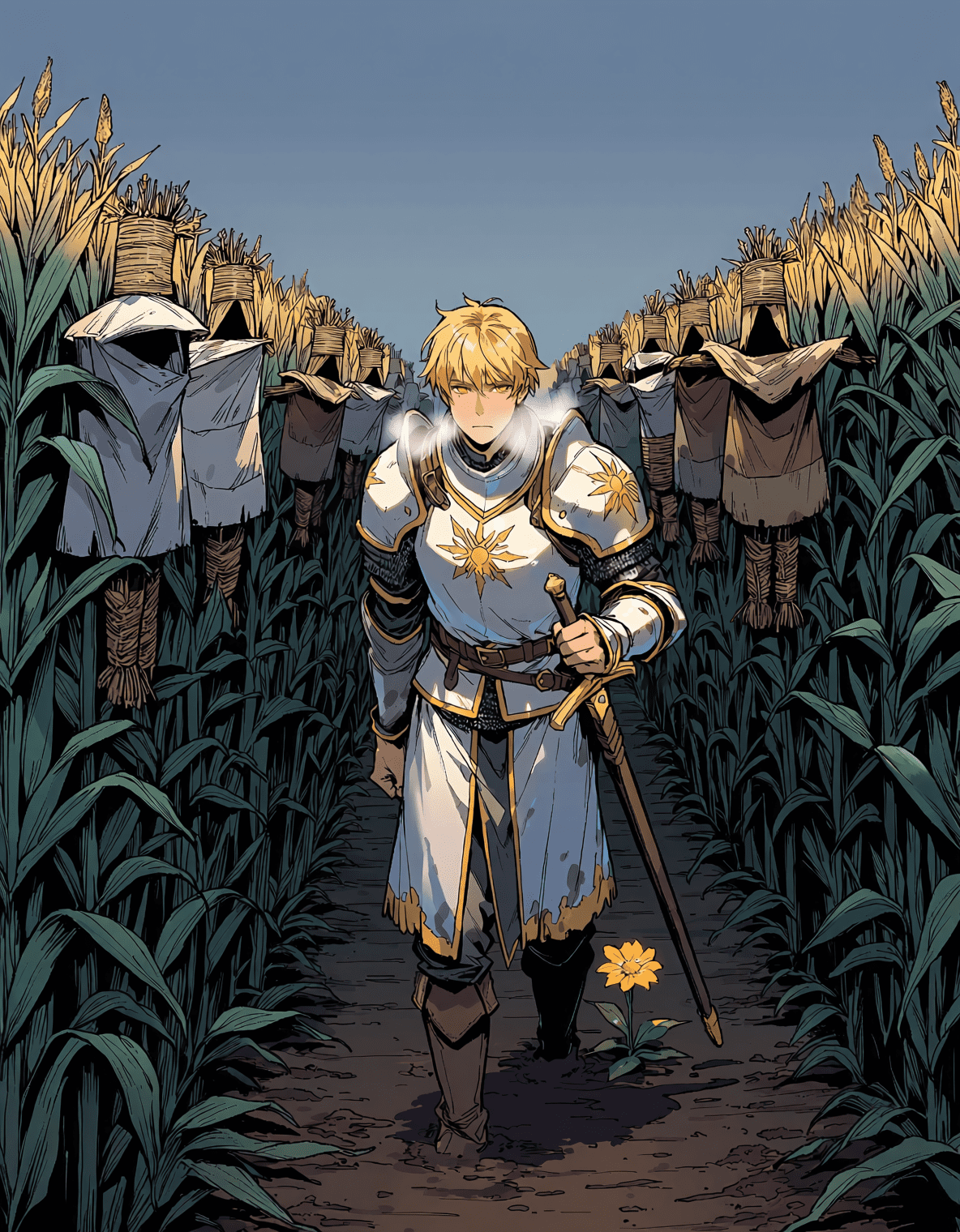 A knight in white and gold armor walking a corn row lined with scarecrows. Dark folk horror art by Coda Languez.