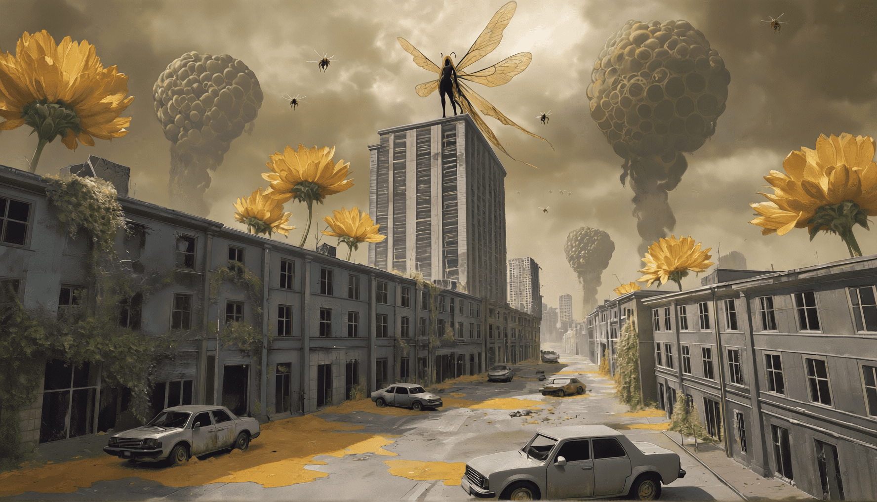 An abandoned overgrown city with giant yellow flowers and enormous hives hanging in a sickly sky, honey pooled across the street among rusted cars, a winged figure perched on a tower. Dark bee horror art by Coda Languez.