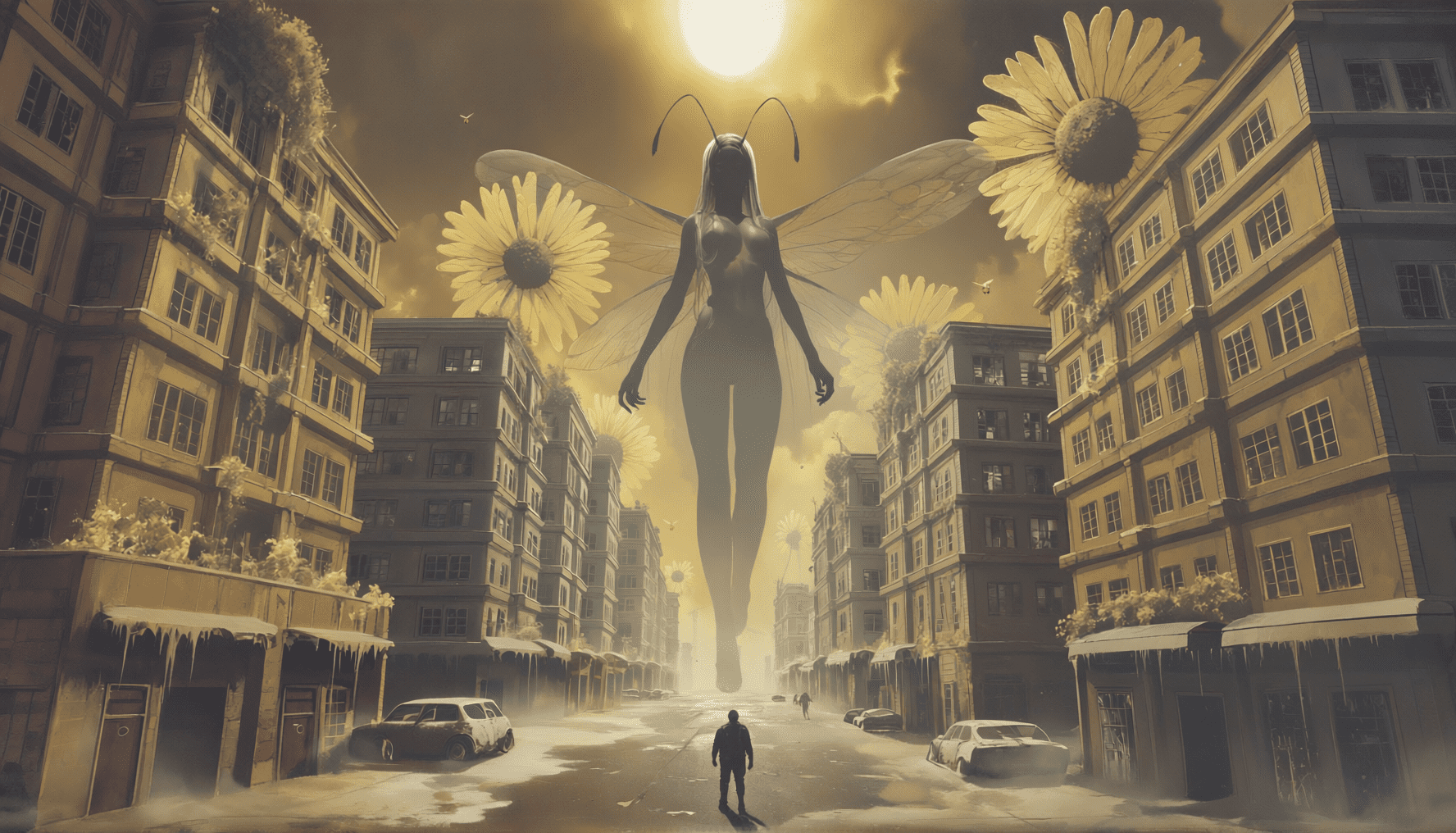A colossal winged figure walking down a city street toward a hazy yellow sun, buildings overgrown with giant daisies, one lone man standing in the road below. Dark bee horror art by Coda Languez.