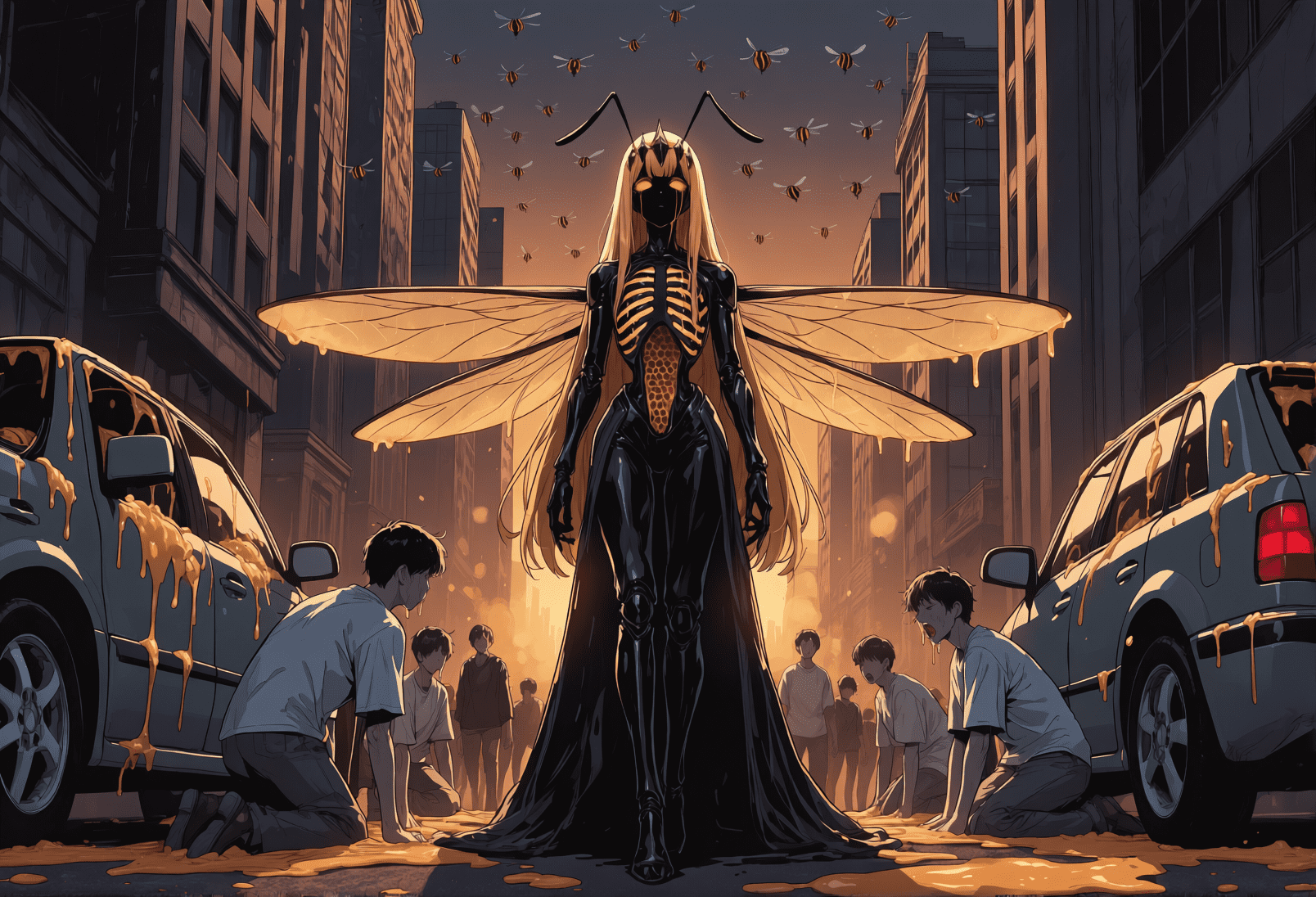 A winged hive queen with an exposed honeycomb ribcage standing in a city street at dusk, people kneeling in honey around her while bees swarm the sky and honey runs down parked cars. Dark bee horror art by Coda Languez.