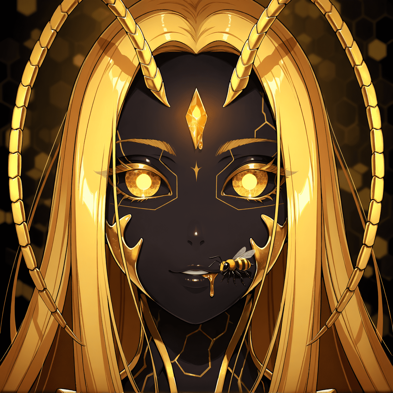 Close portrait of a black-skinned hive queen with golden honeycomb eyes, gold antennae and long gold hair, honey dripping from her lips, a honeybee resting on her cheek. Dark bee horror art by Coda Languez.