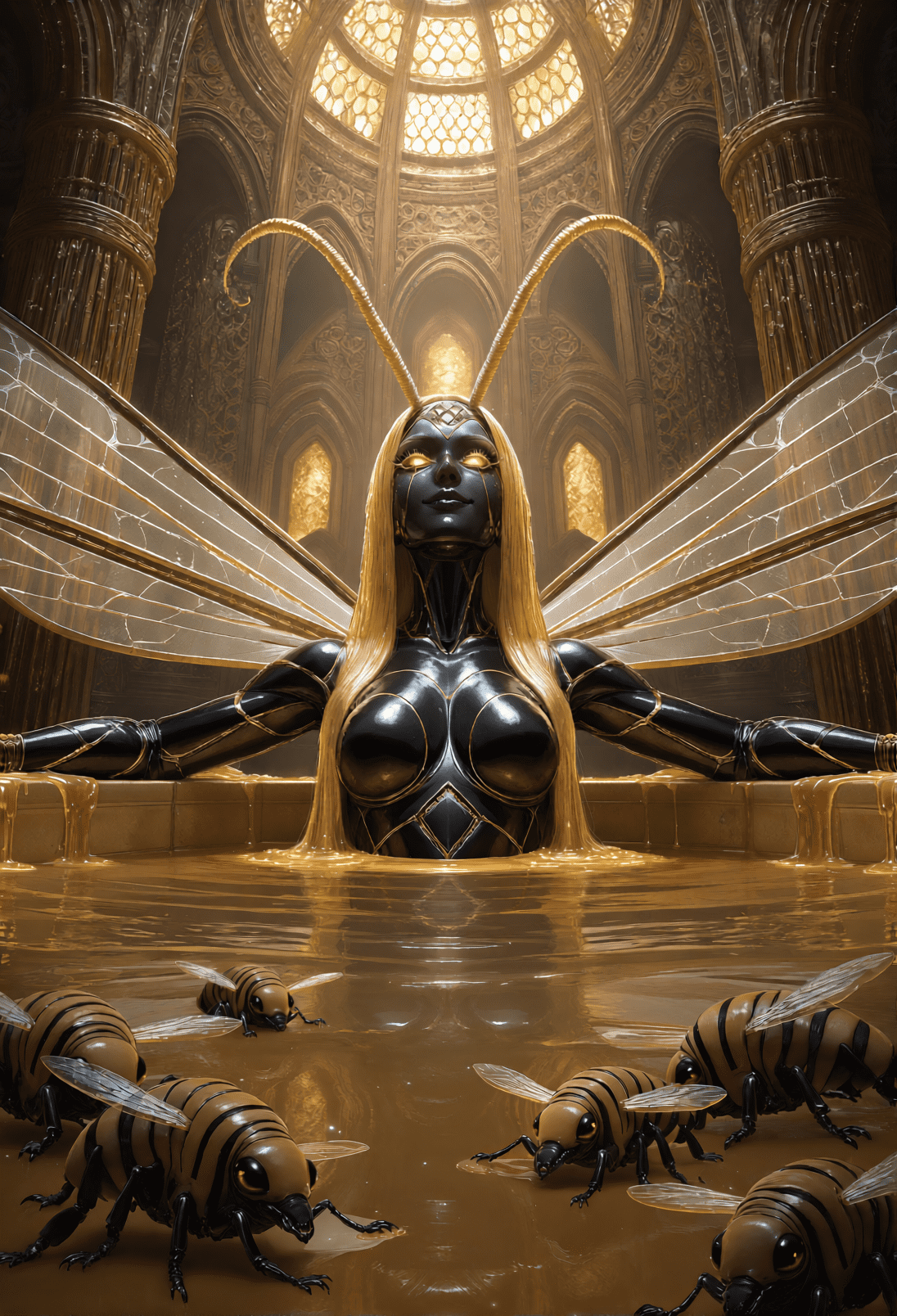 A winged hive queen seated waist-deep in a pool of honey inside a domed honeycomb cathedral, giant bee drones wading through the honey toward her. Dark bee horror art by Coda Languez.