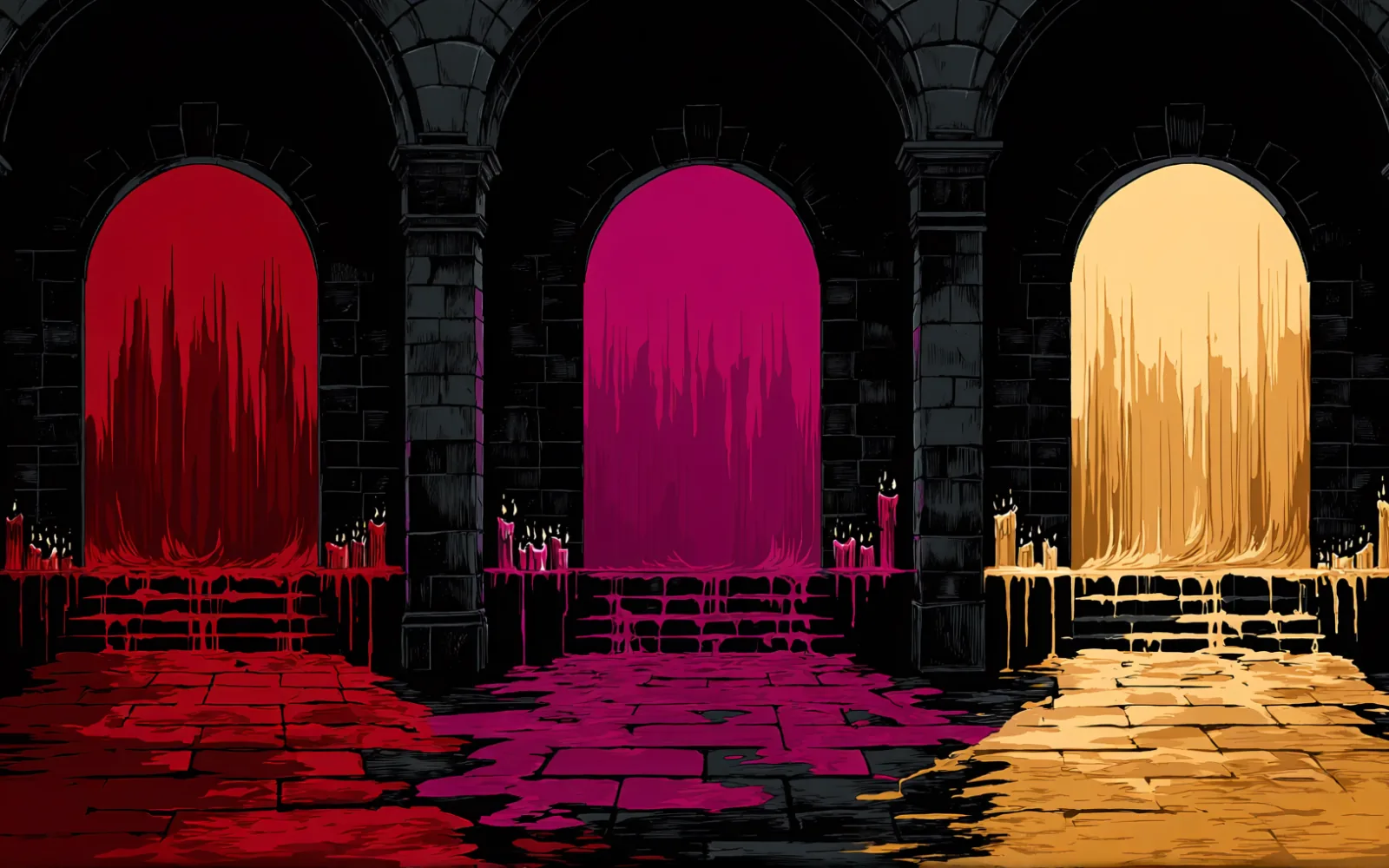 Three glowing archways — red, magenta, and gold — dripping down stone steps in a dark candlelit hall. Symbolic art for Coda Languez's reader start-here guide.