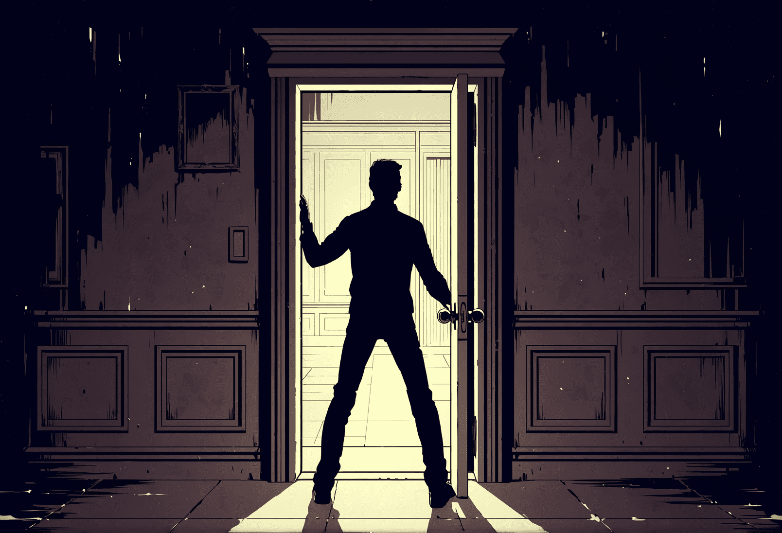 A silhouetted man stands across a bright open doorway with his legs apart, one hand braced against the frame and the other beside the door handle, blocking the passage.