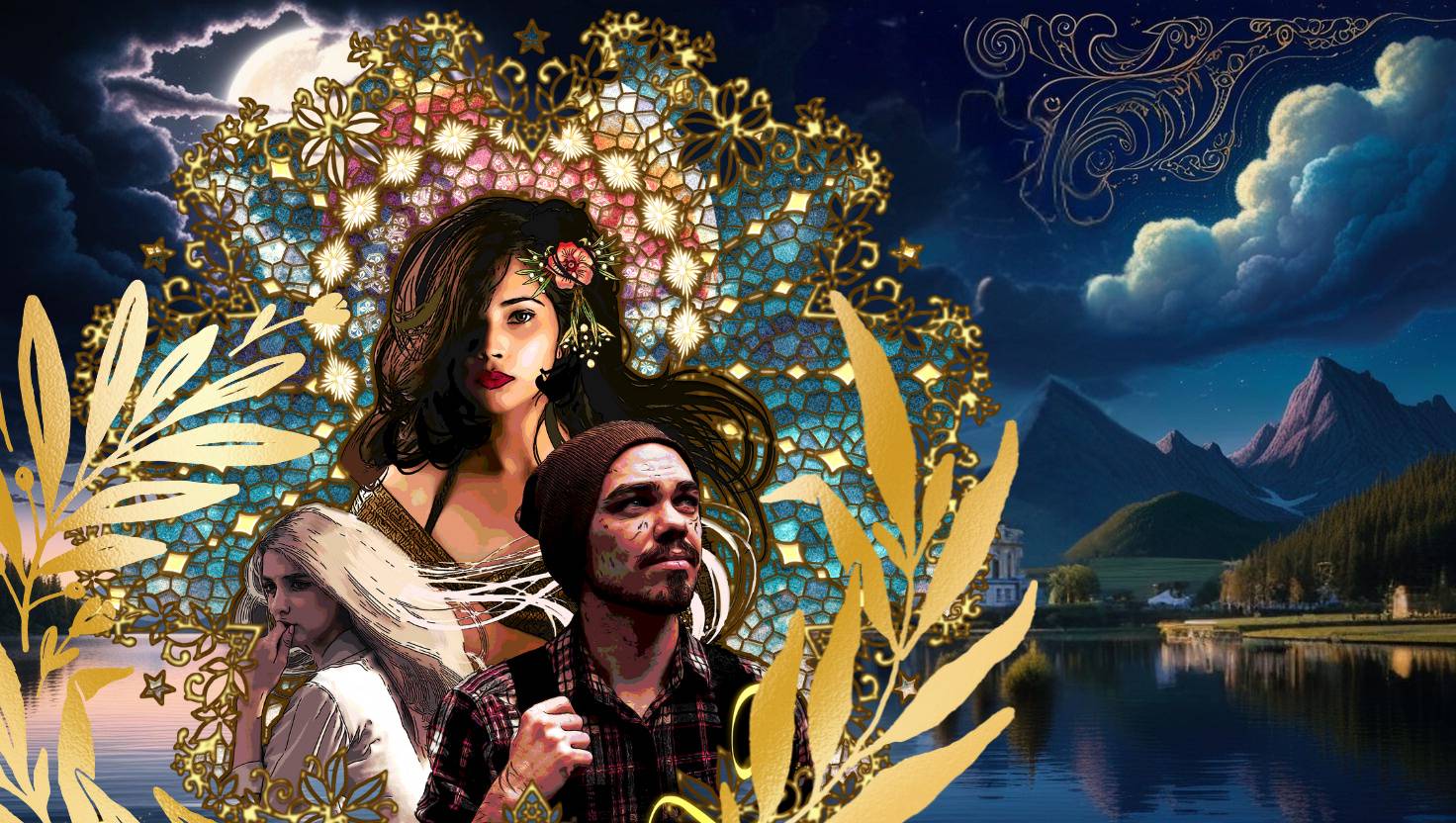 Illustrated artwork for The Curse of Dawn: three characters above a moonlit landscape, framed by an ornate golden circle.