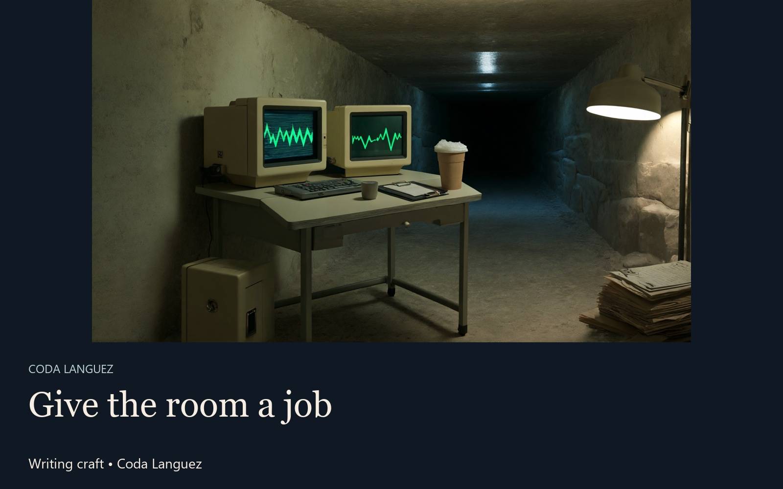 Illustrated underground monitoring room with equipment and illuminated stone, accompanying craft analysis of The First Sky and Victoria.