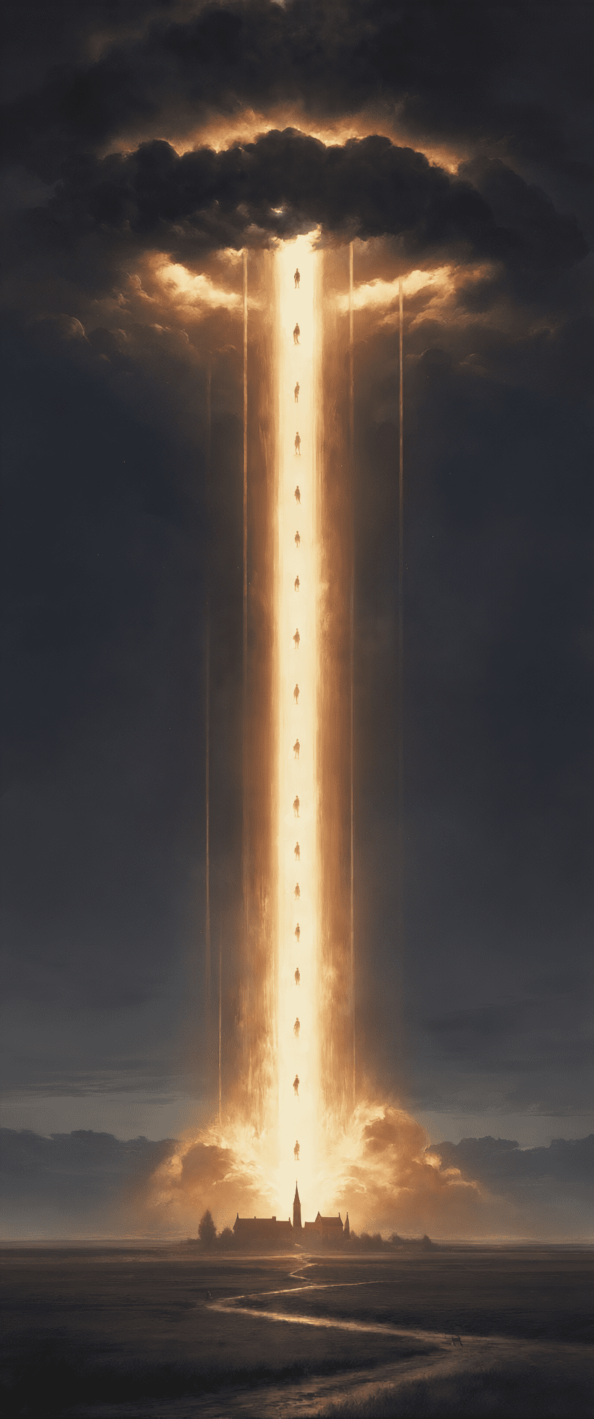 A towering vertical beam of light falling from a black cloud onto a tiny village, with human figures rising single file up the inside of the beam. Dark religious horror art by Coda Languez.