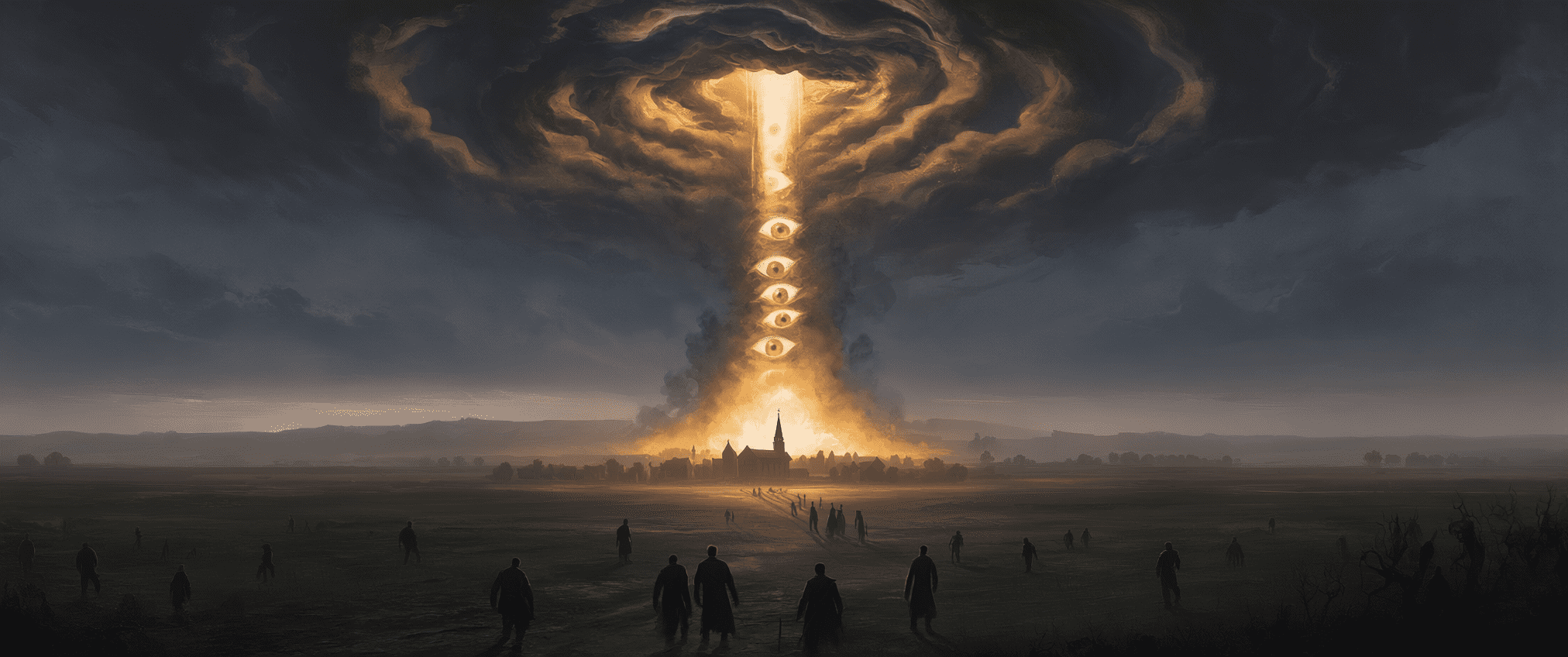 A vast column of cloud and fire above a small village church, a vertical stack of glowing eyes running up its centre, silhouetted figures walking toward it across a dark field. Dark religious horror art by Coda Languez.