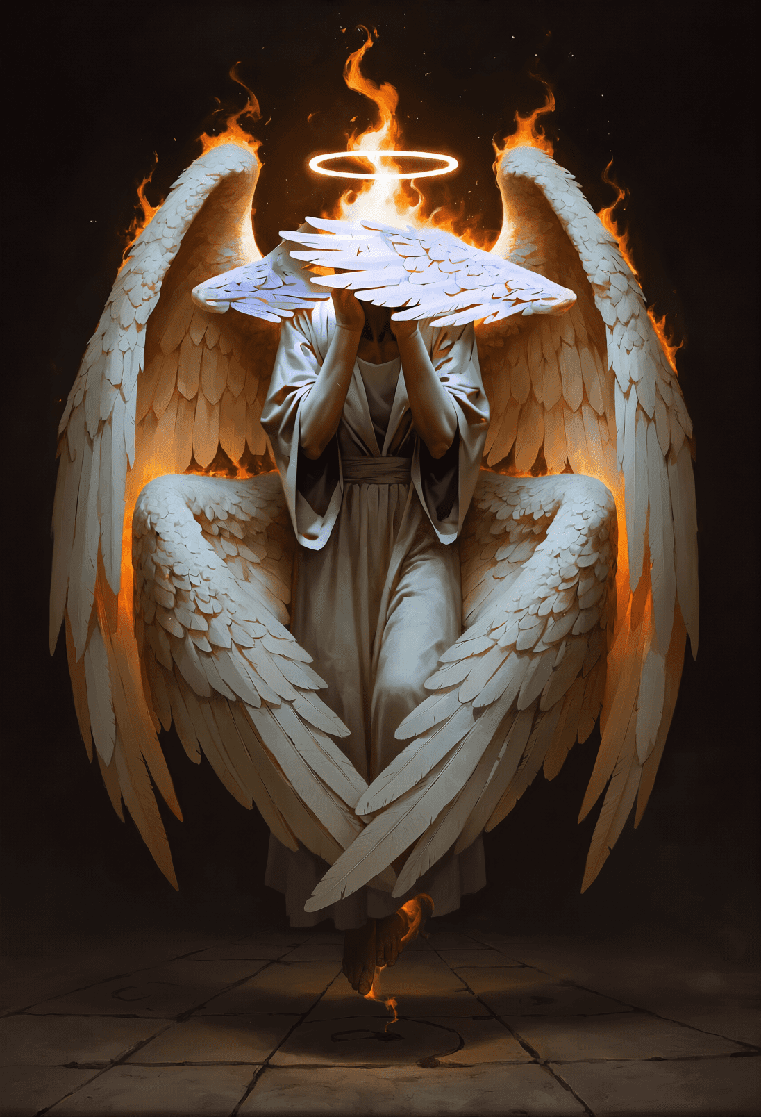 A many-winged angel with a burning halo covering its own face with its wings, flames along the feathers, standing on dark flagstones. Dark religious horror art by Coda Languez.