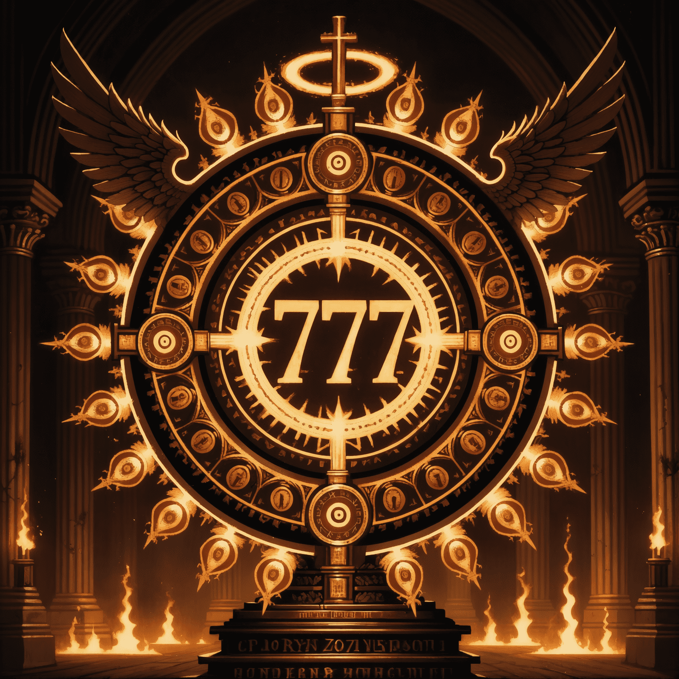 An ornate golden emblem reading 777 in a winged, haloed rosette ringed with open eyes and flames. Dark religious horror art by Coda Languez.