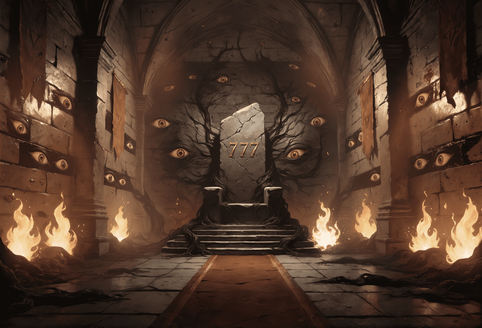 An empty stone throne in a vaulted hall lit by braziers, a cracked slab carved with 777 behind it, and open eyes staring from the walls. Dark religious horror art by Coda Languez.