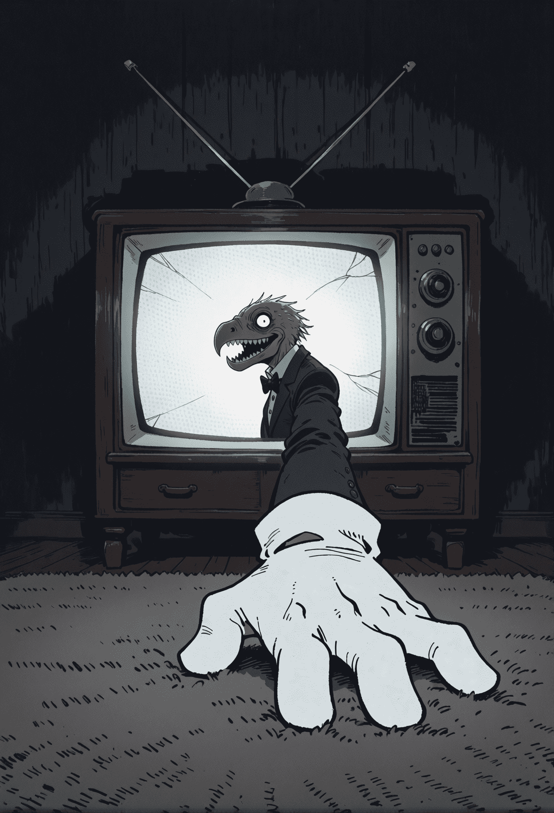 An old television with a cracked screen showing a grinning vulture in a tuxedo, its oversized white gloved hand reaching out of the screen and resting on the carpet. Retro cartoon horror art by Coda Languez.