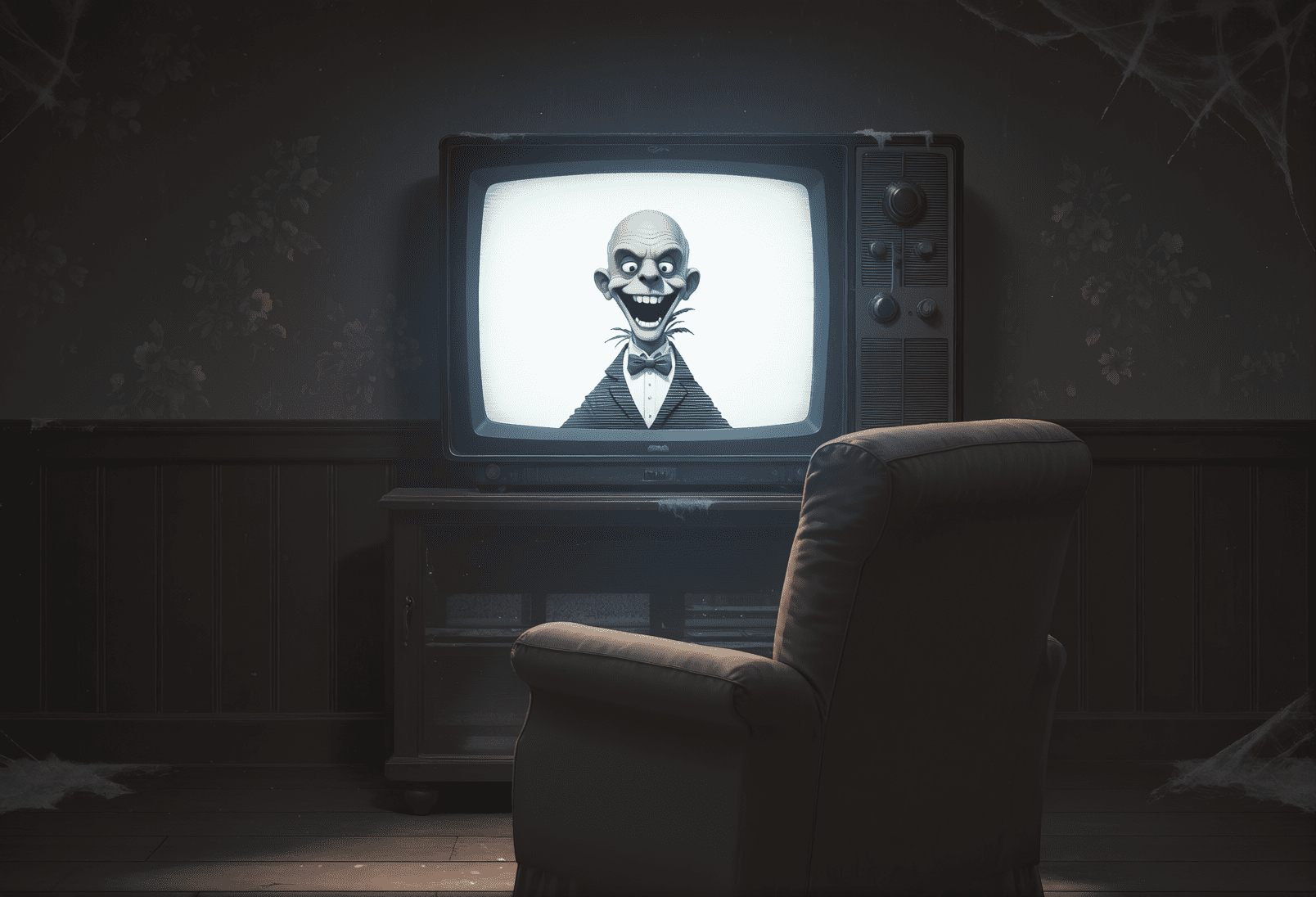 A cobwebbed living room at night where an old television shows a grinning bald figure in a tuxedo with dark feathery tufts along its jaw, an empty armchair facing the screen. Retro cartoon horror art by Coda Languez.