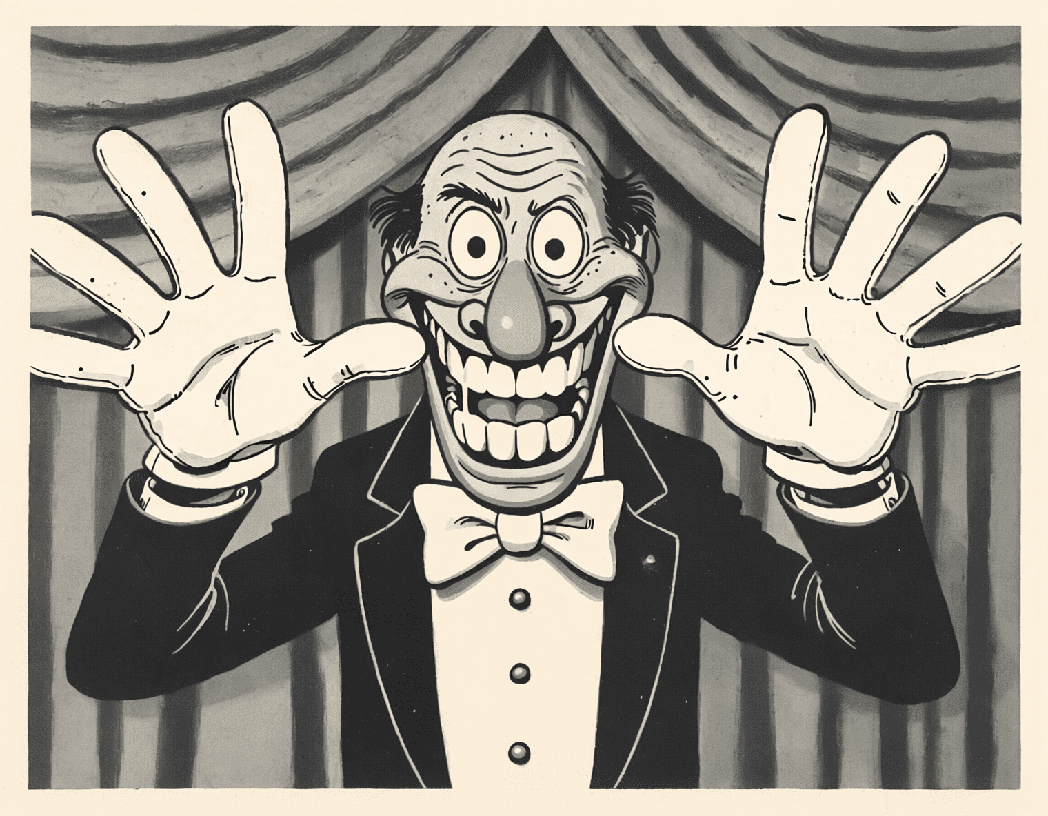 A vintage black and white cartoon of a bald grinning man in a tuxedo holding up two oversized white gloved hands in front of stage curtains. Retro cartoon horror art by Coda Languez.