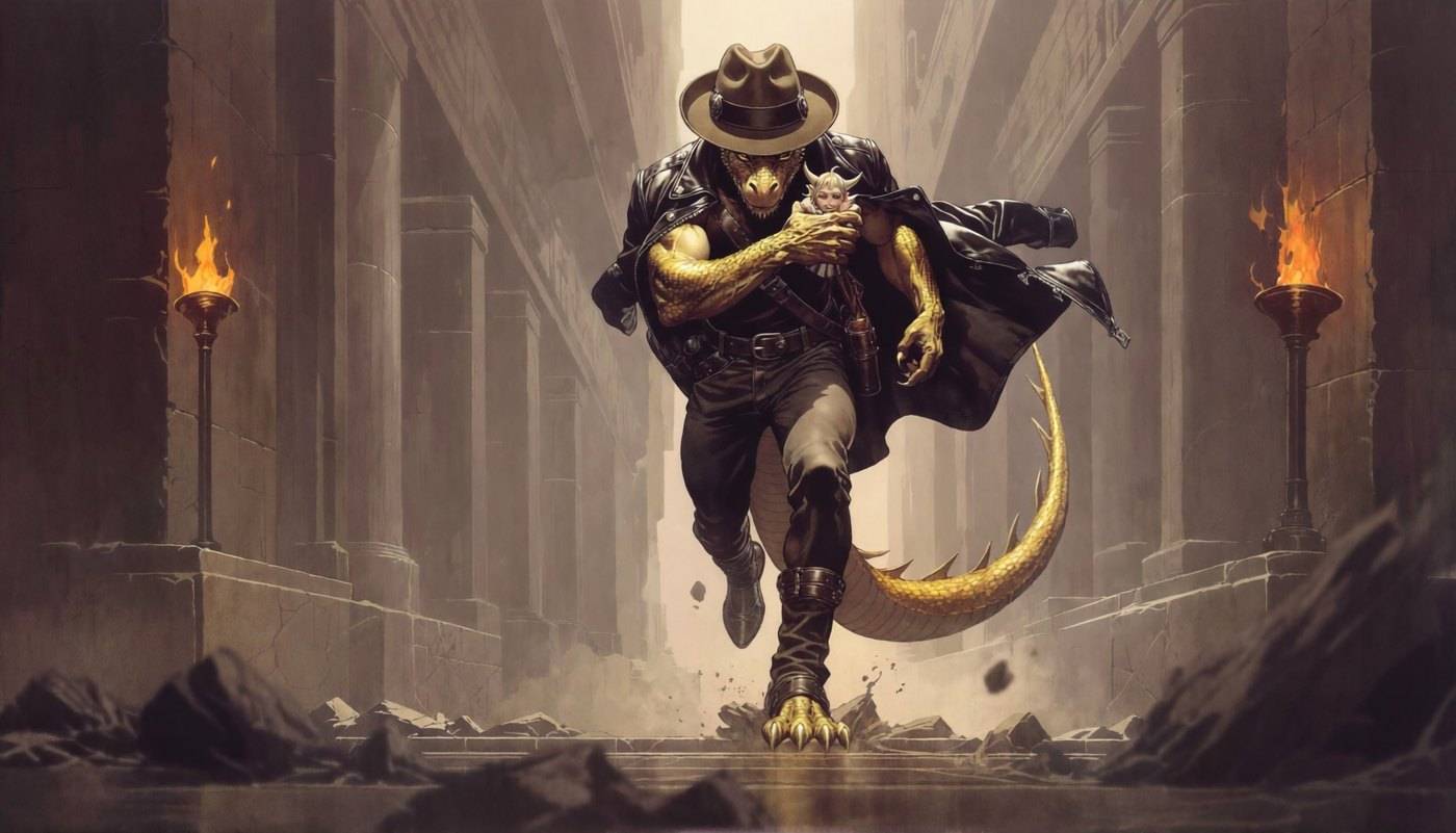 A hatted dragon in a long coat stands in a torchlit stone ruin, tail curled behind it.