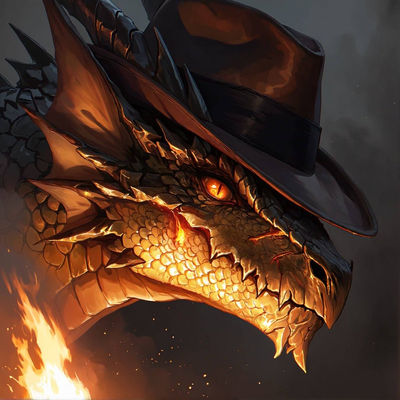 Close-up of a golden-scaled dragon wearing a wide explorer's hat, firelight burning below its jaw.