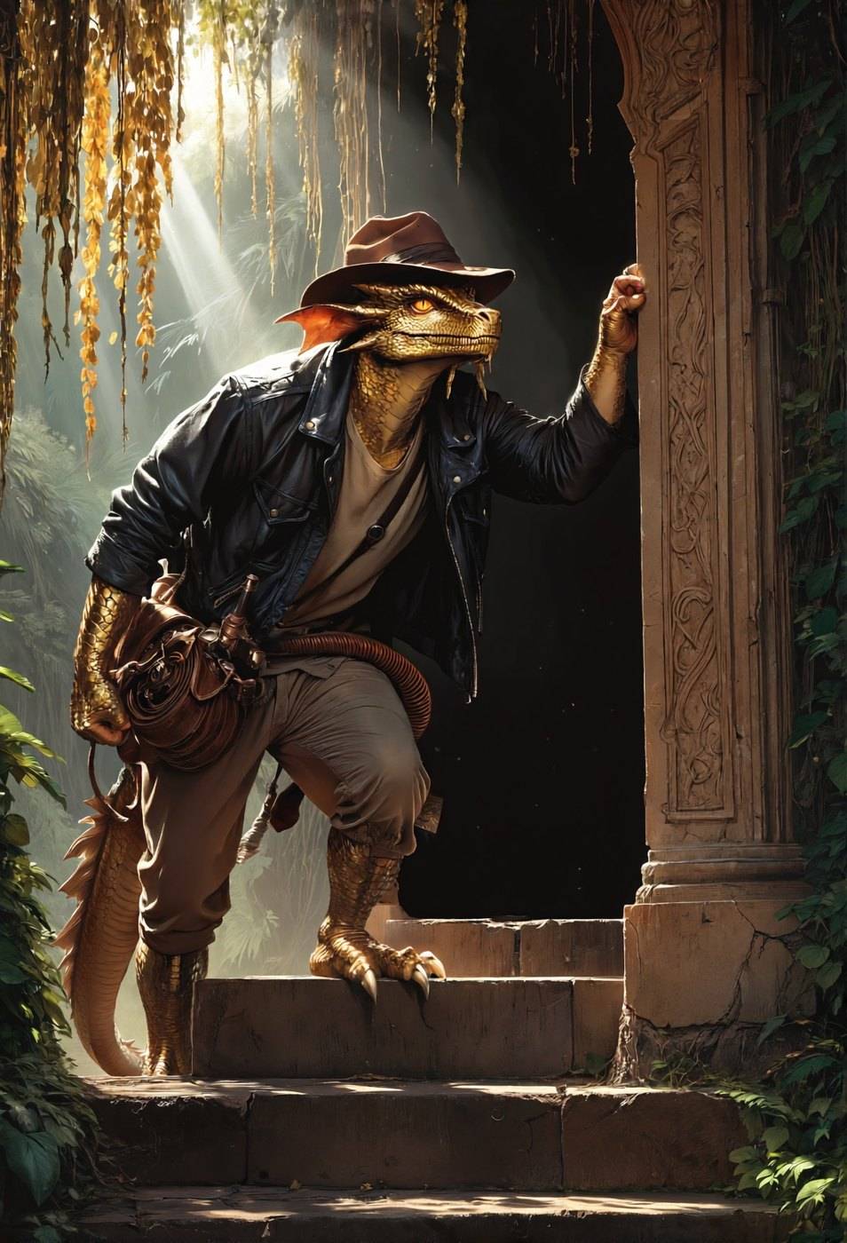 A dragon in a battered explorer's hat and travel satchel steps out of a sunlit stone doorway hung with vines.