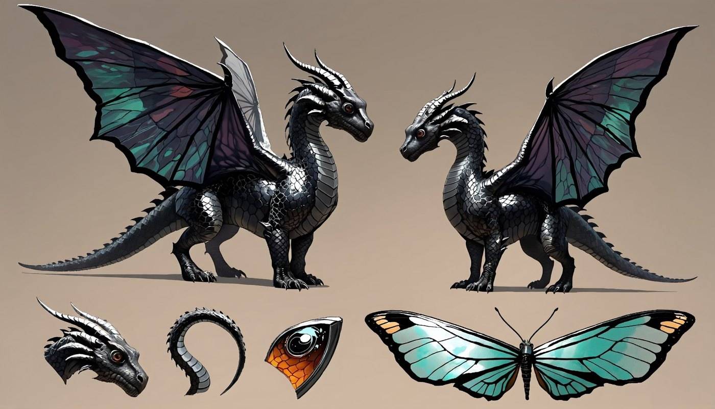 A character reference sheet of a small black dragon with teal butterfly wings, shown from two angles with detail studies.