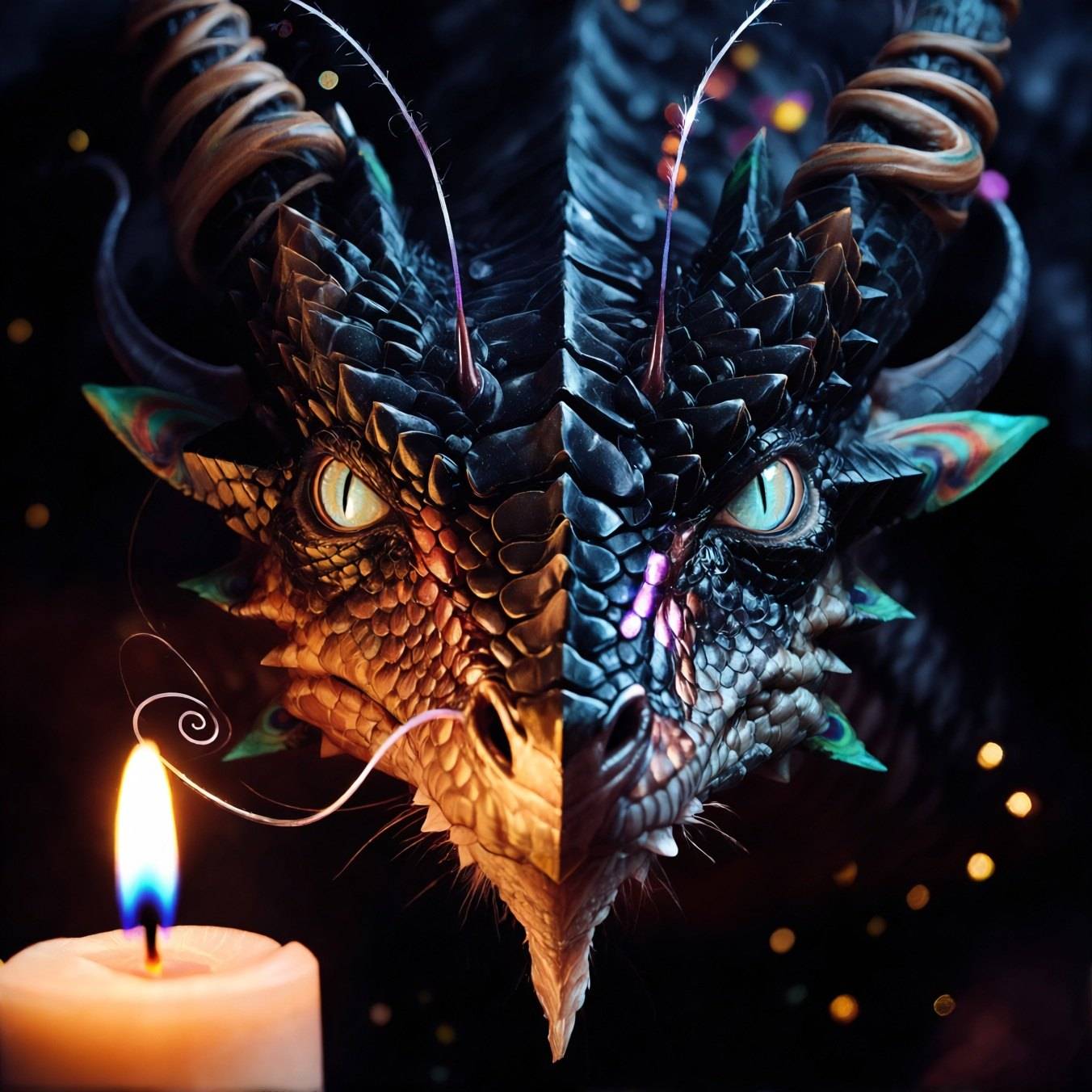 A dragon's face split down the middle, gold and horned on one side, dark and jewelled on the other, lit by a single candle.