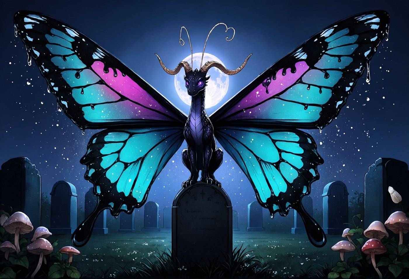 A slender dragon with enormous teal and magenta butterfly wings perches on a gravestone in a mushroom-lit night cemetery.