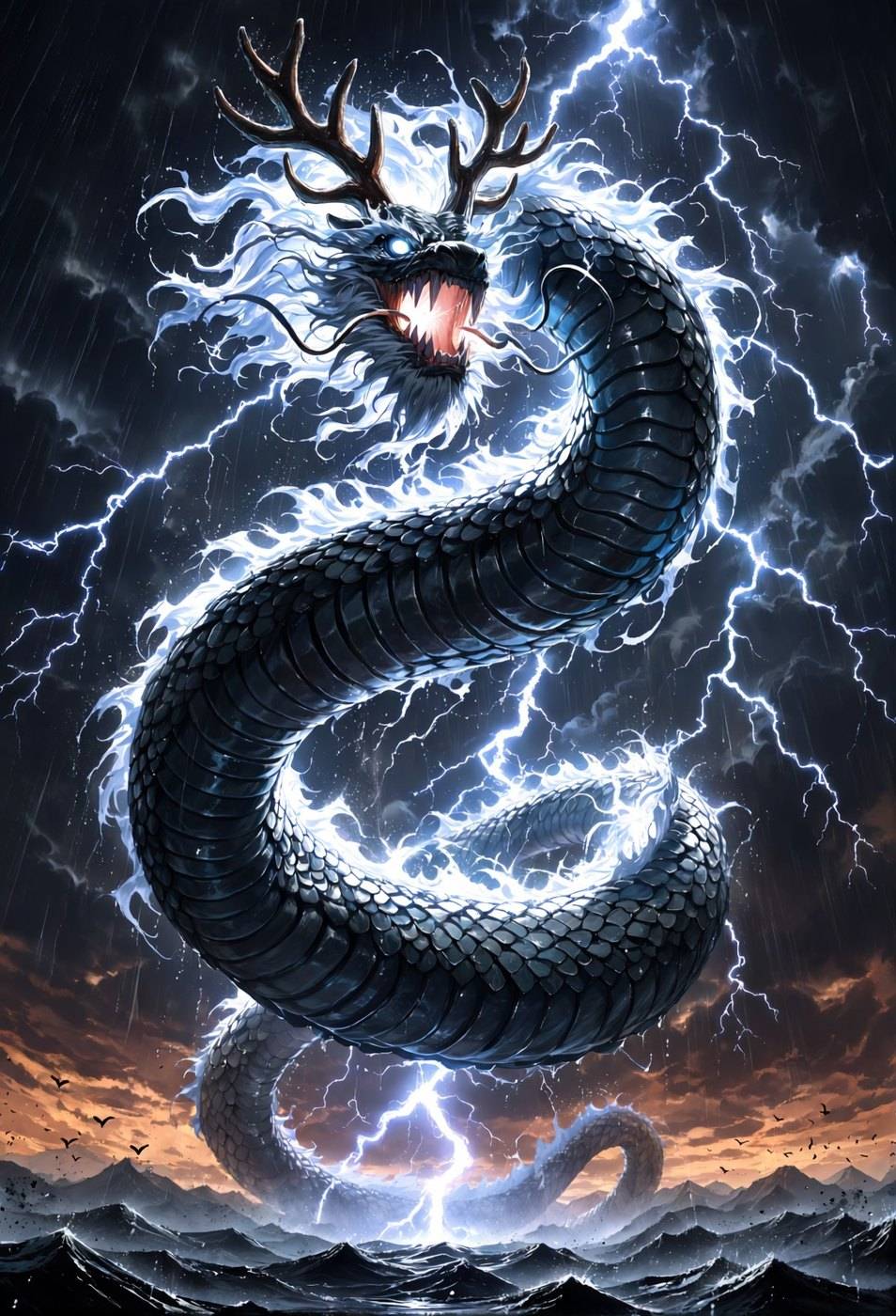 A black antlered serpent dragon coils upward through forked lightning above a dark rocky shore.
