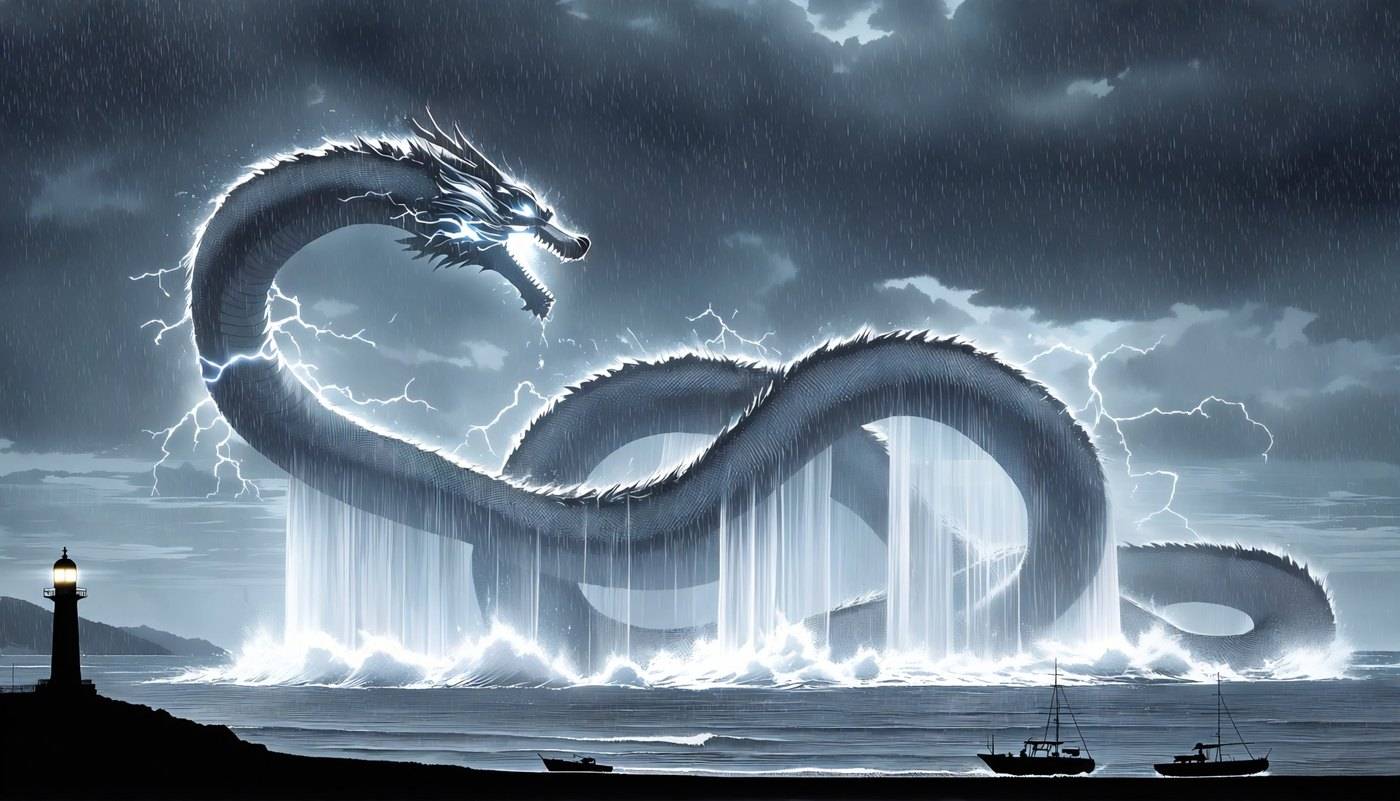 A vast white storm serpent made of rain and lightning loops above the sea, dwarfing a lighthouse and two fishing boats.