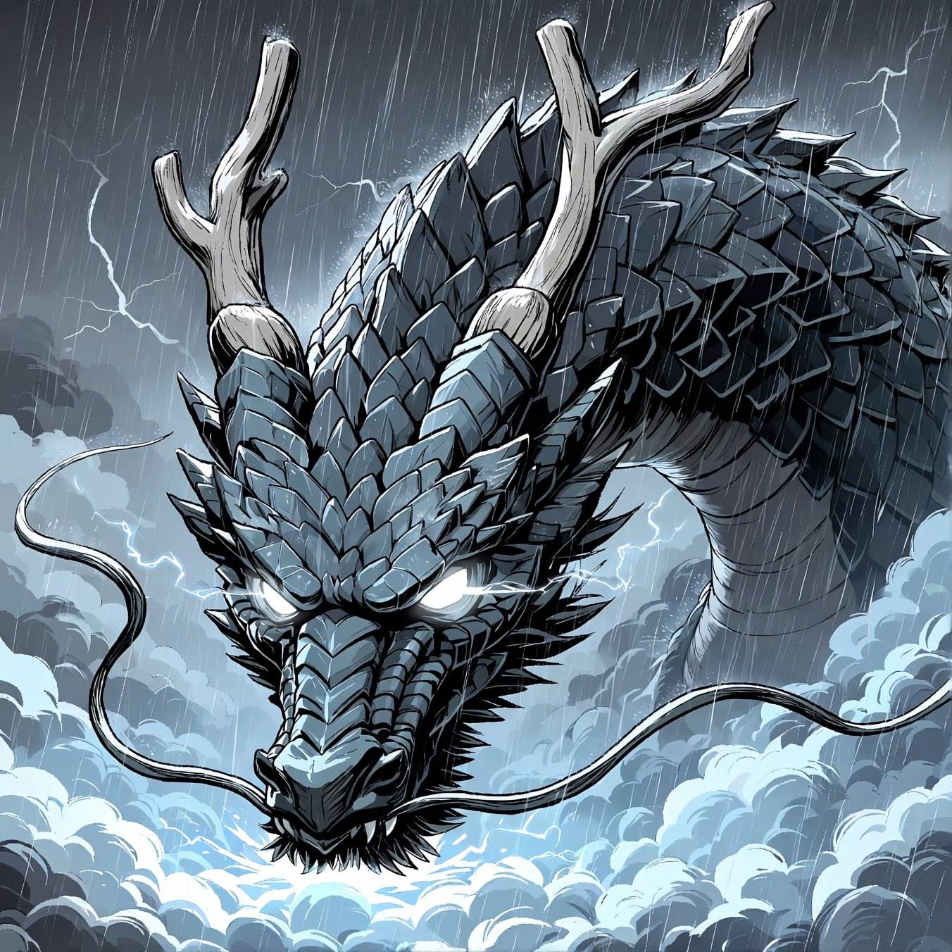 A slate-scaled eastern dragon with pale antlers and white glowing eyes coils through rain and lightning.