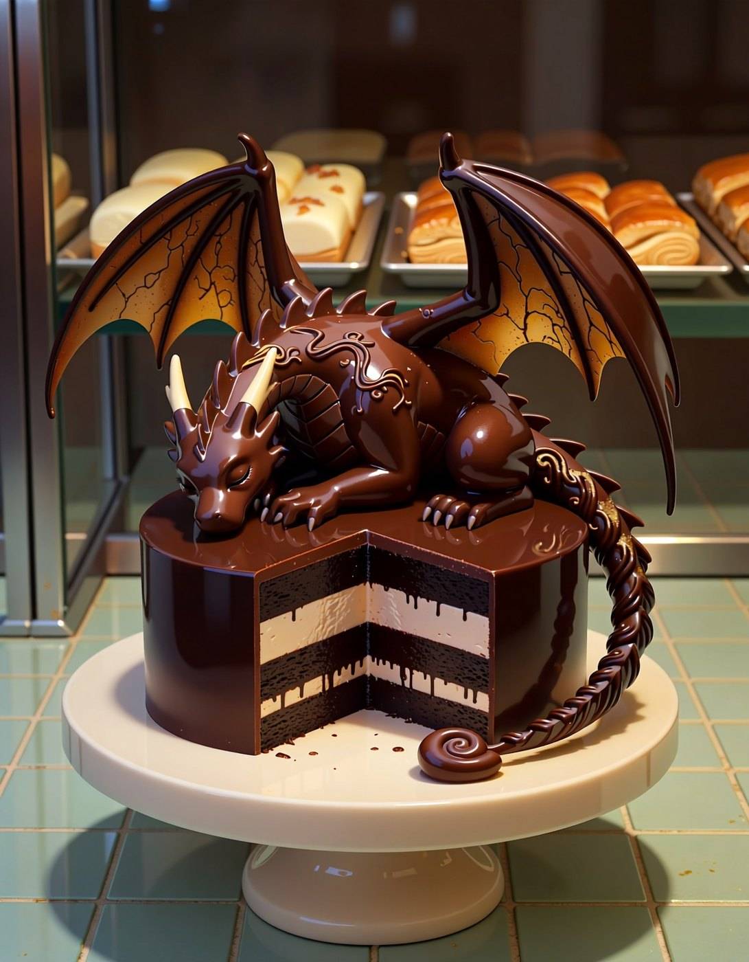 A small winged dragon sits on top of a sliced chocolate layer cake on a white cake stand in a bakery.